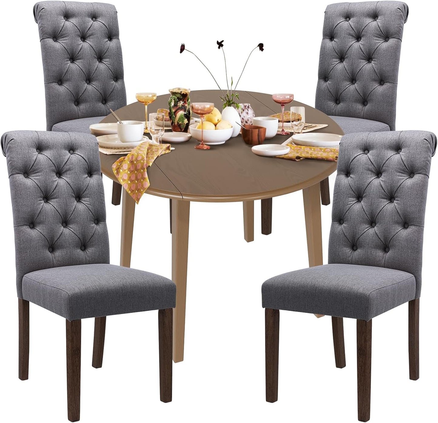 COLAMY 5-Piece Extendable Dining Table Set for 4, 36" Kitchen Round Wood Table with 4 Tufted Dining Room Chairs,Light Brown/Dark Grey