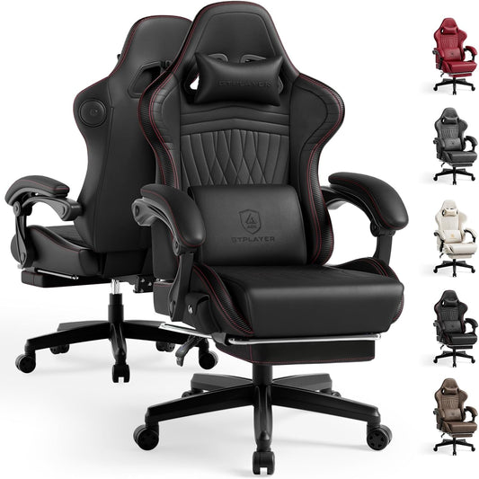 GTPLAYER ACE-PRO Music Gaming Chairs – Built-in Speakers, App Support & Bluetooth Control, Footrest & Pocket, Gamer Chair for Adults, Black & Red Stitch