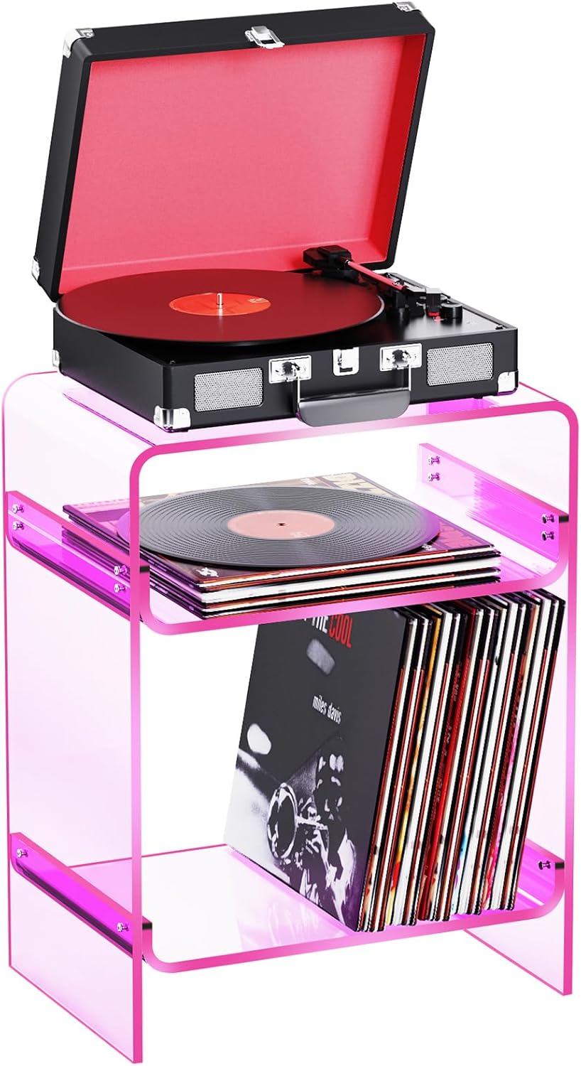 Acrylic Record Player Table with Storage Shelf, Clear Side Table Nightstand (Pink)