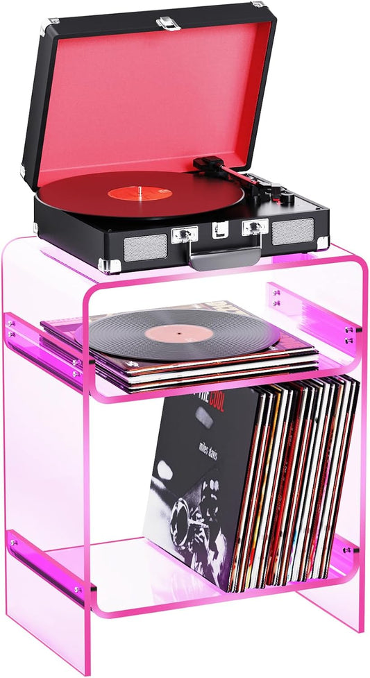 Acrylic Record Player Table with Storage Shelf, Clear Side Table Nightstand (Pink)