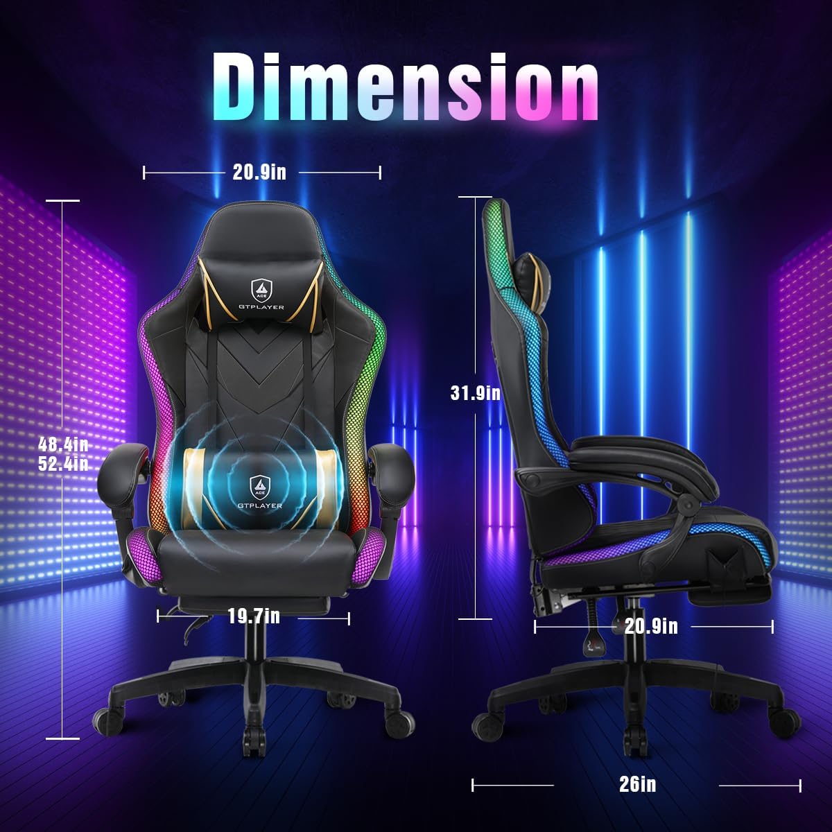 GTPLAYER Gaming Chair, RGB Gaming Chairs with LED Lights, Video Gaming Chair for Adults, Ergonomic Computer Gaming Chair with Linkage Armrest, Reclining Chair with Headrest (with Massage, Black)