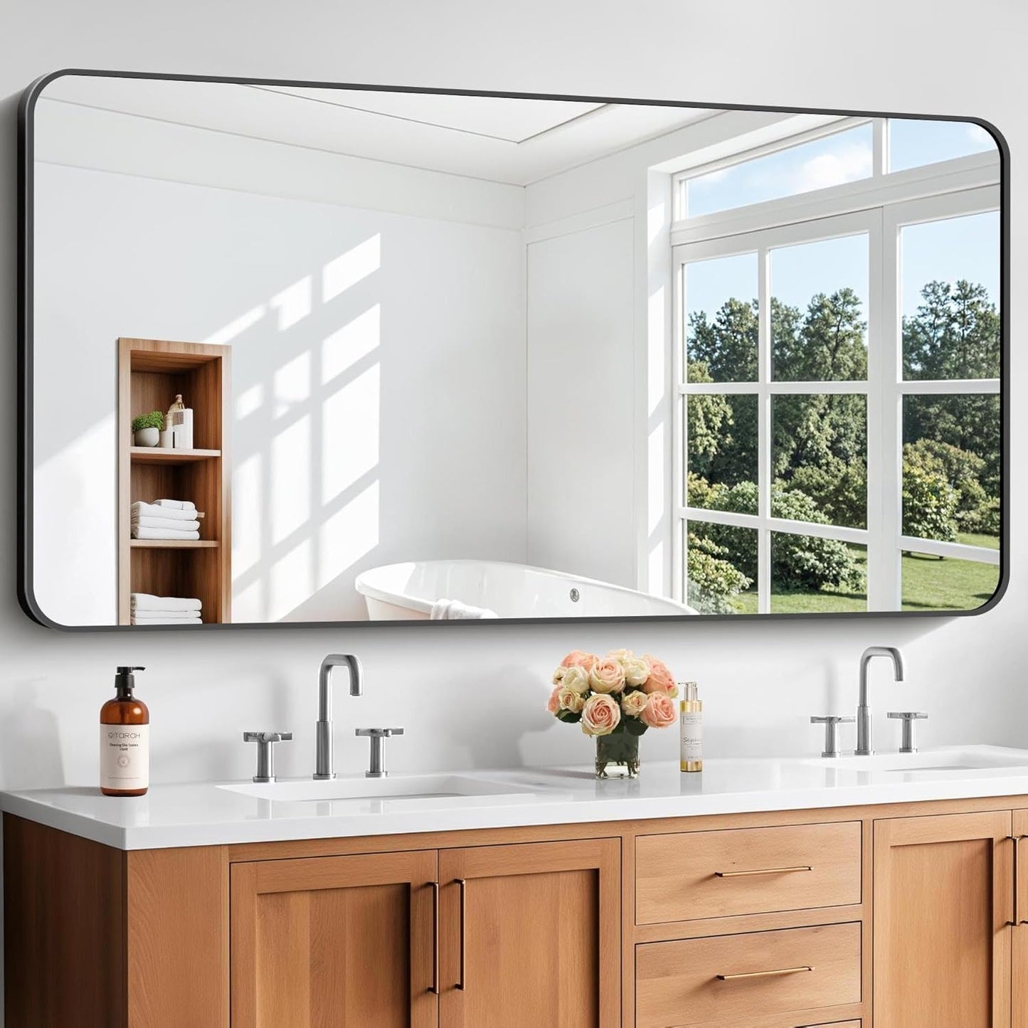 Bathroom Mirror, 30x60 inch Black Rectangle Wall Mirror, Metal Frame Rounded Corner Vanity Mirror, Large Wall Mounted Mirrors for Over Sink Bedroom Living Room Horizontal Or Vertical Mounting