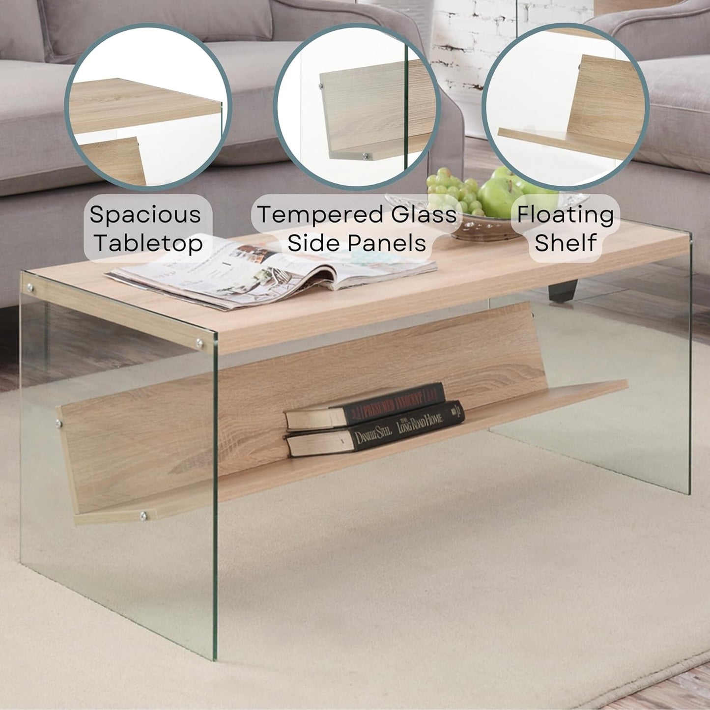 Convenience Concepts SoHo Glass Coffee Table 40" - Modern Living Room Table with Storage Shelf, Contemporary Coffee Table for Family Room, Weathered White