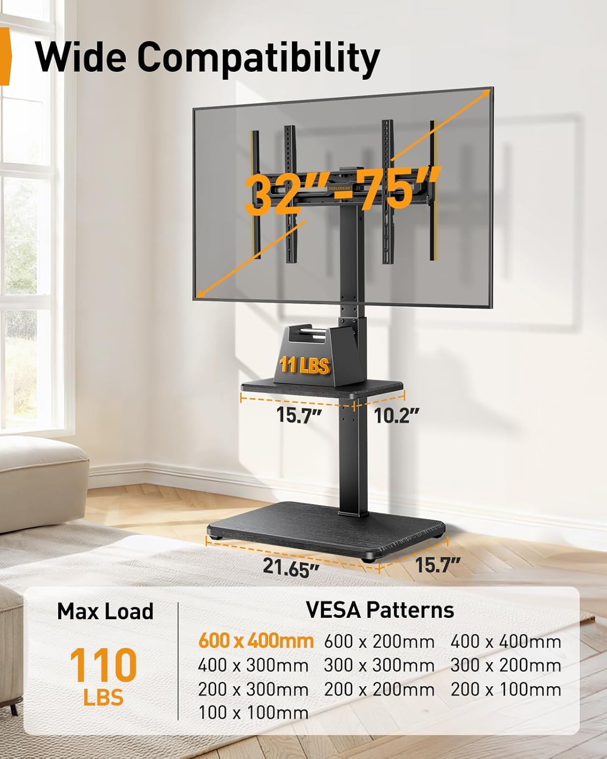 Perlegear Floor TV Stand with LED Light for 32”-75" TVs, Tall TV Stand with Swivel and Tilt, 12 Height Levels TV Mount Stand, Solid Wood Base up to 110 lbs for Living Room, Max VESA 600x400mm, PGFS21B