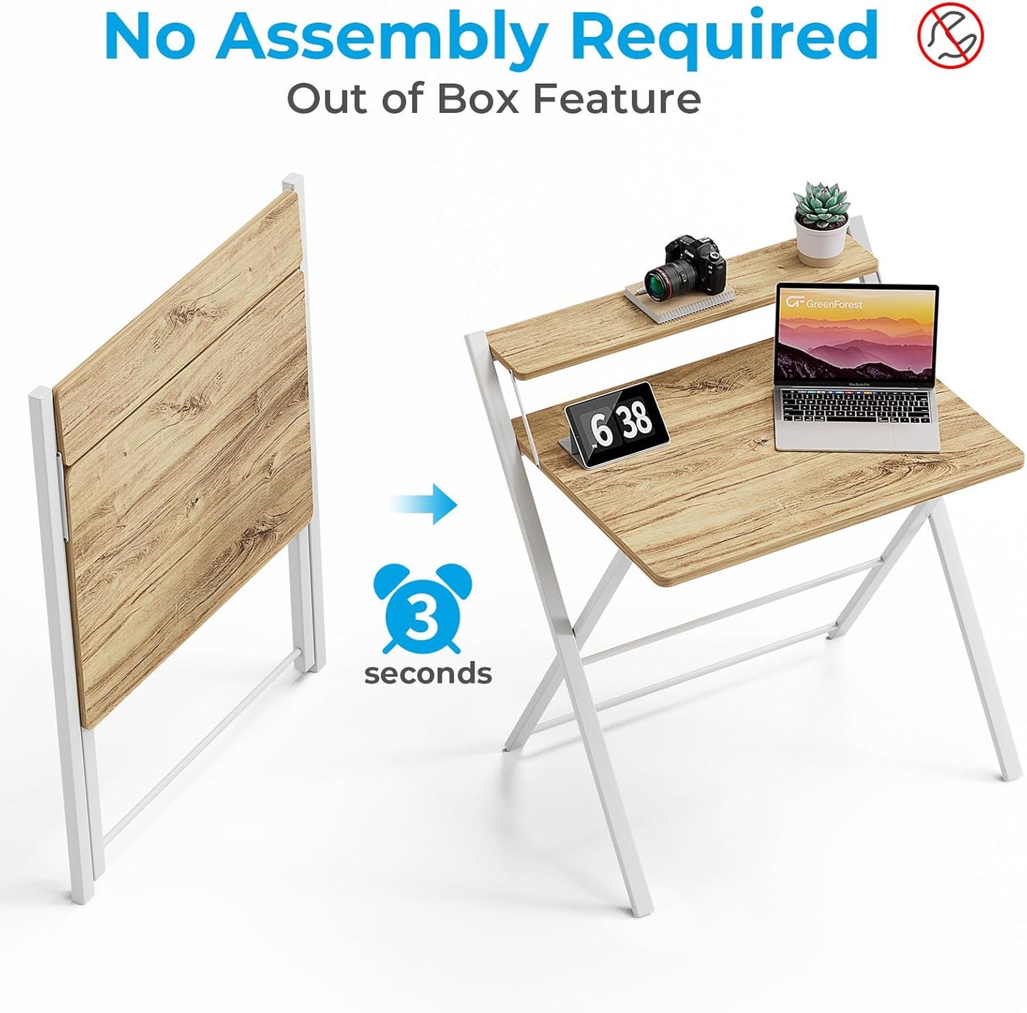 GreenForest Portable Small Desk No Assembly, 2-Tier Compact Computer Desk with Shelf, Space Saving Foldable Table for Home Office, Bedroom or Apartment, Portable Collapsible Sturdy Laptop Desk, Oak