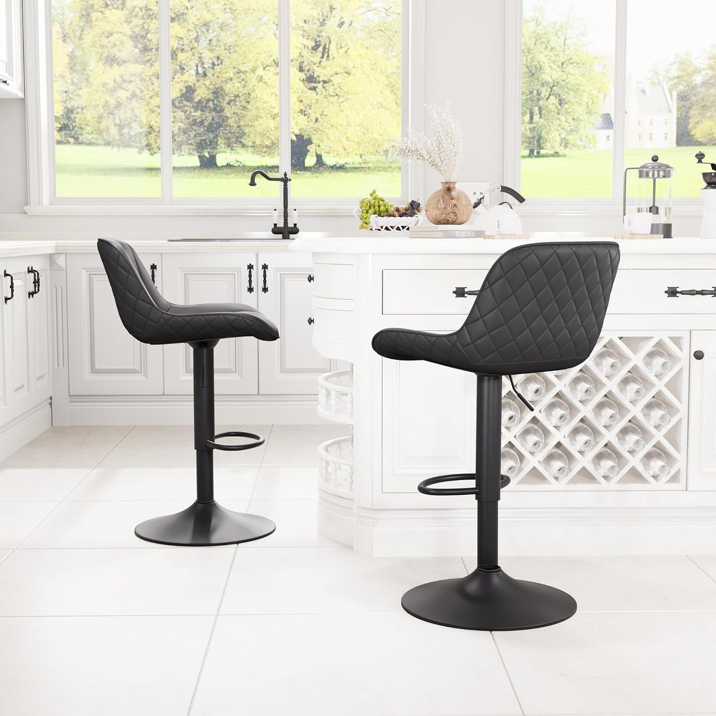 YOUNIKE Black Bar Stools Set of 2 Kitchen Counter Height Barstools with Back Modern Swivel Faux Leather Padded Bar Chair Adjustable Tall Upholstered Breakfast Island Chairs