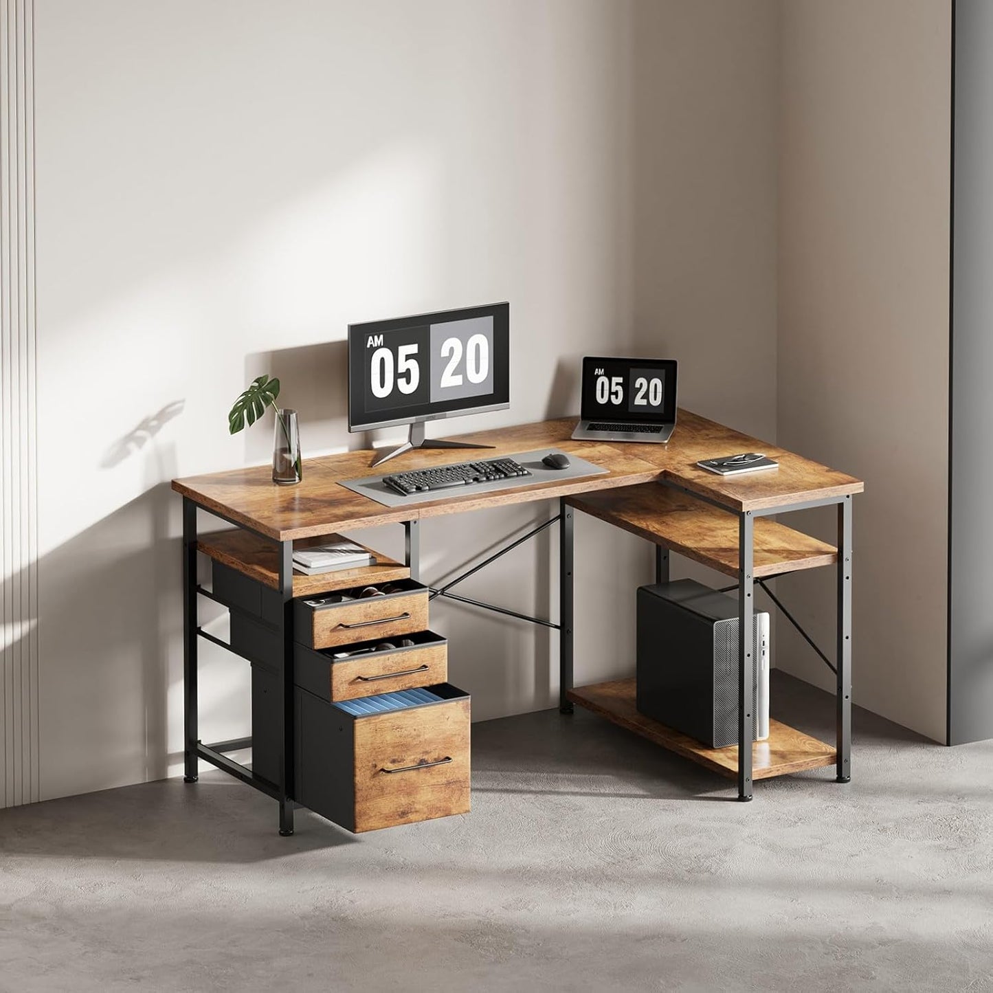 47" Computer Desk with Drawers, Desks for Bedrooms, Writing Desk with Storage, Work Desk for Small Space, Rustic Brown