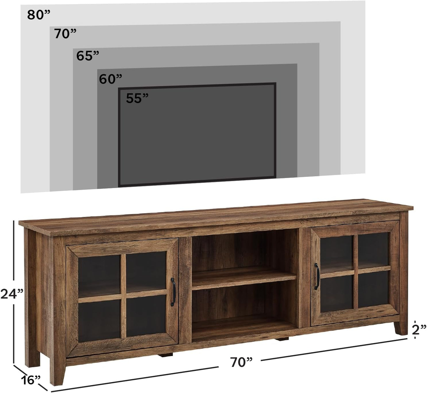 Walker Edison Portsmouth Classic 2 Glass Door TV Stand for TVs up to 80 Inches, 70 Inch, Rustic Oak