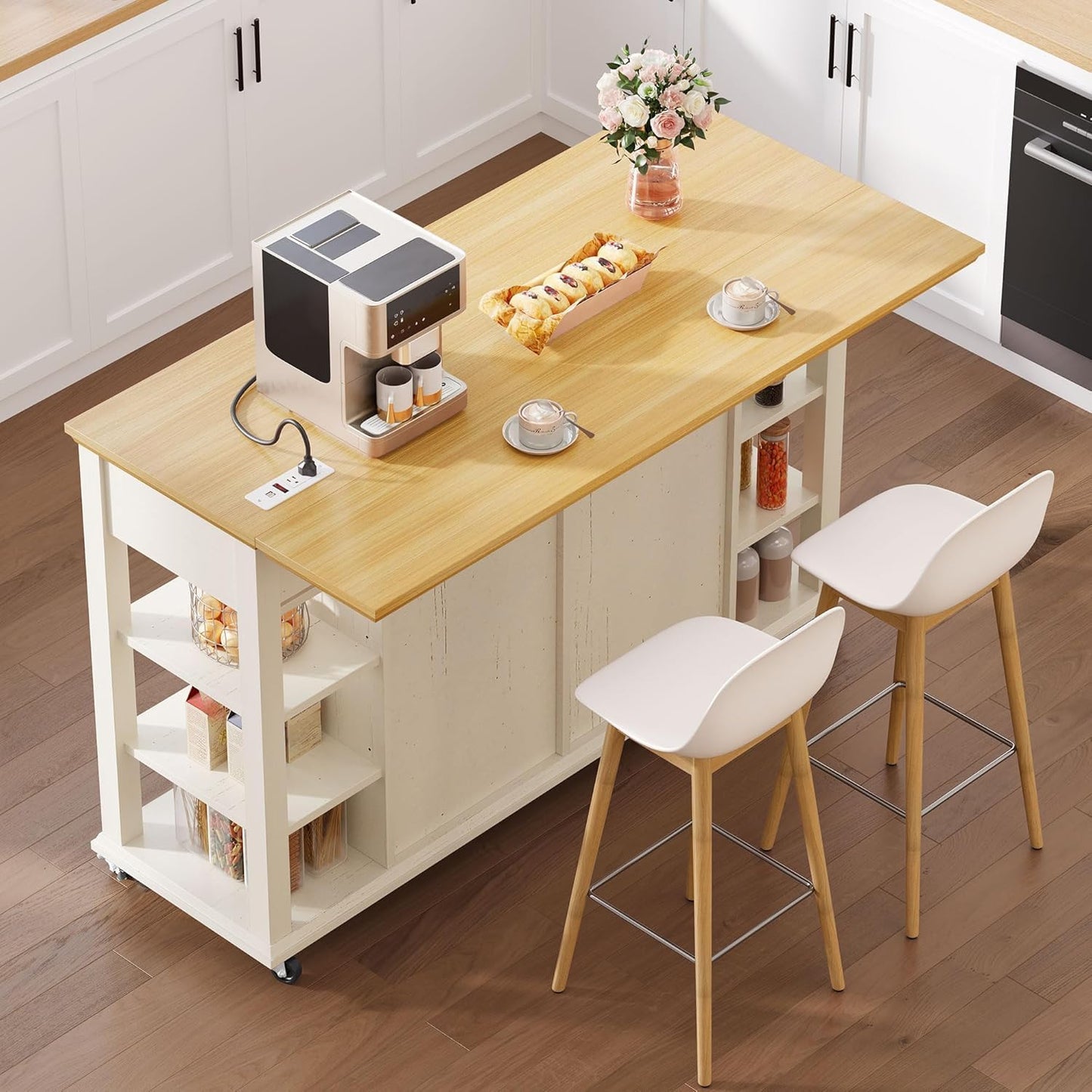 DWVO Kitchen Island with Drop Leaf, Tilt Out Trash Can Cabinet, Mobile Storage Islands with Power Outlet, Americana Rolling Island Table on Wheels with Open Shelves for Dining Room, Off White