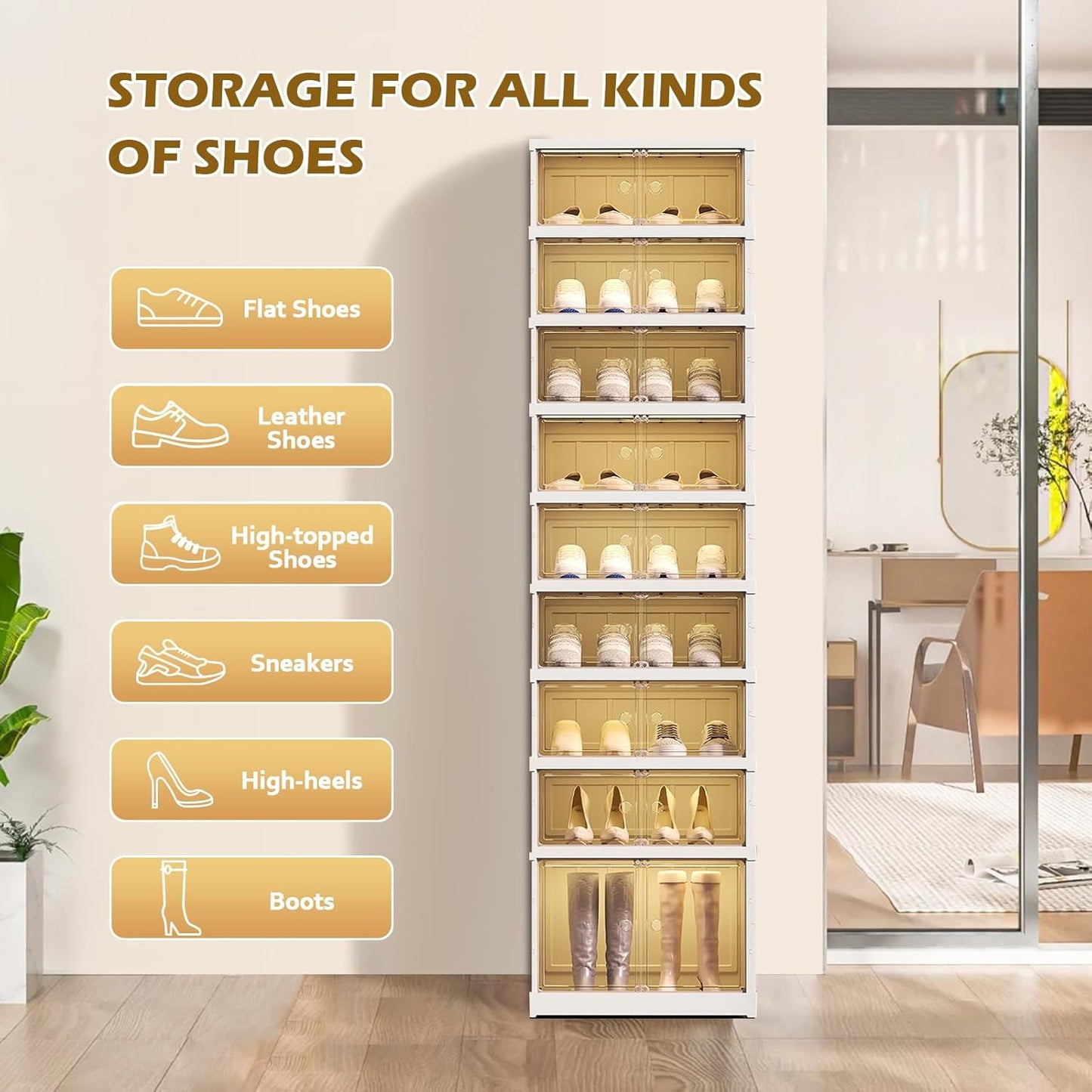 ELPHECO 9 Tier 18 Pairs Shoe Rack Organizer Foldable Sneaker Cabinet Bins, Stackable Shoe Storage Shelf, Collapsible Shoe Cabinet with Double Doors for Entryway