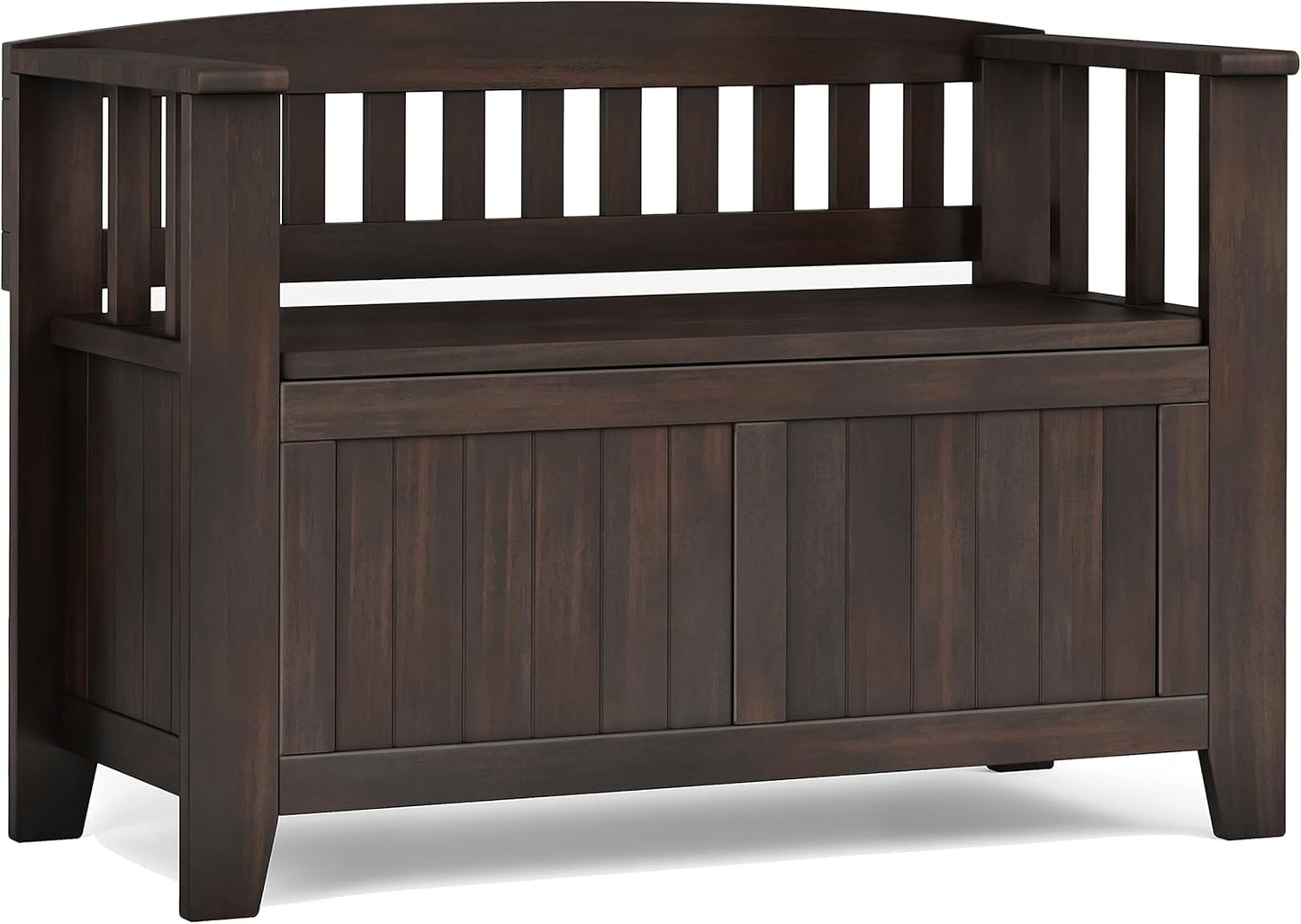 SIMPLIHOME Acadian Entryway Storage Bench - 36 inch Wide Solid Wood Small Hallway Seat in Brunette Brown, Transitional Bench for Mudroom with Lift-Up Lid, 2 Compartments and Slatted Backrest