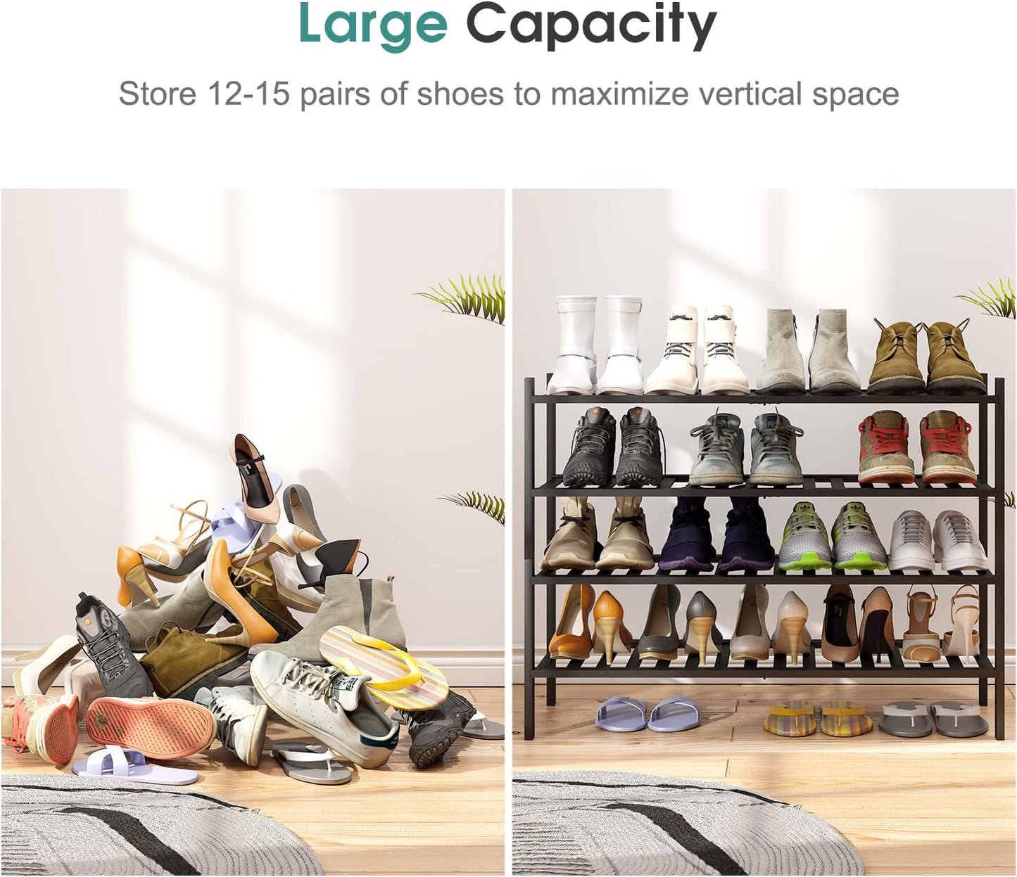 Black 4-Tier Long Shoe Rack, Bamboo Wood, 33-Inch