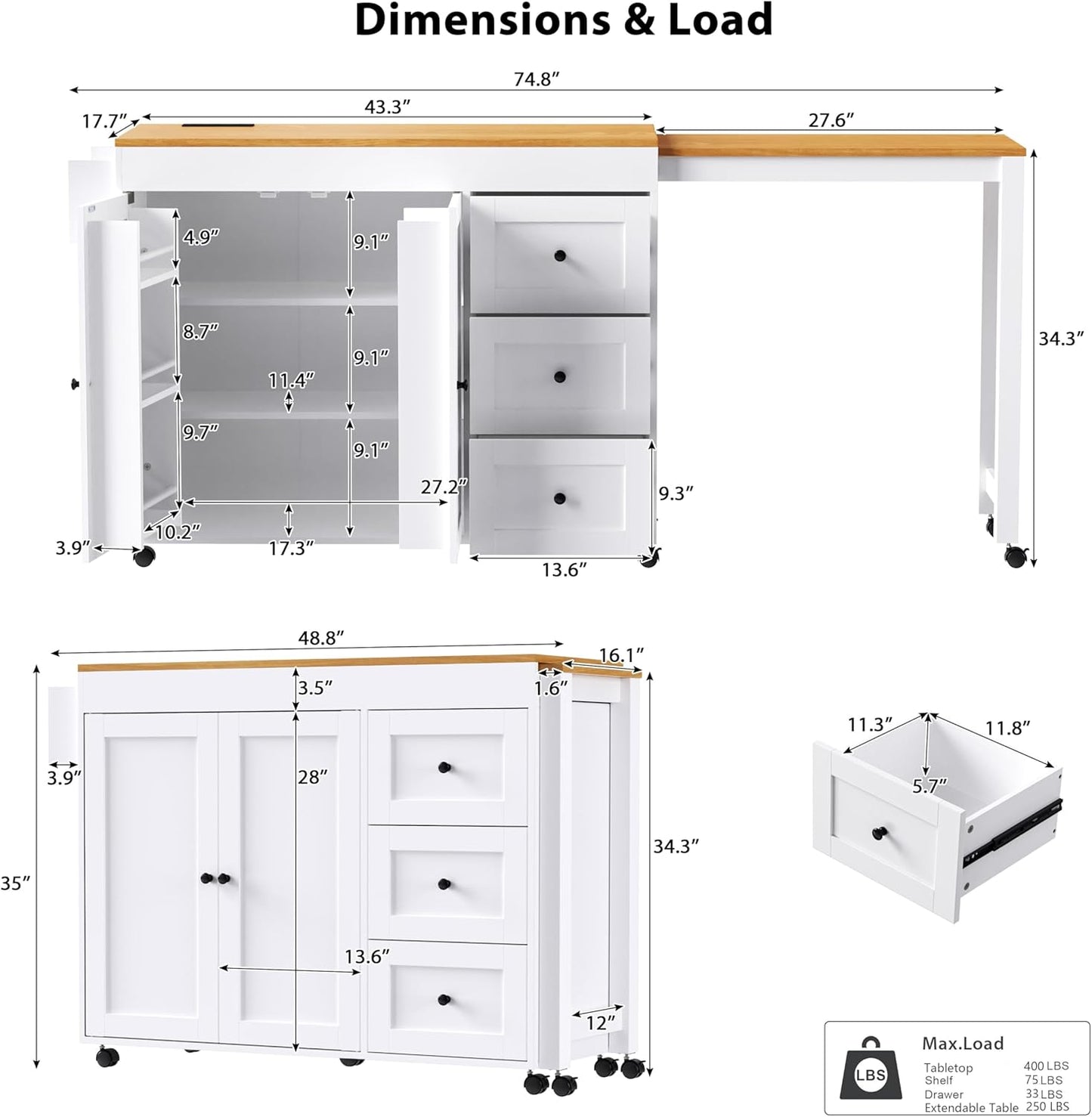 Ball & Cast 74.8" Kitchen Island with Extendable Dining Table,Kitchen Storage Cart W/Power Outlet and 3 Drawers,Rolling Kitchen Island on Wheels W/Spice Rack & 2 Door Cabinet,for Kitchen,White
