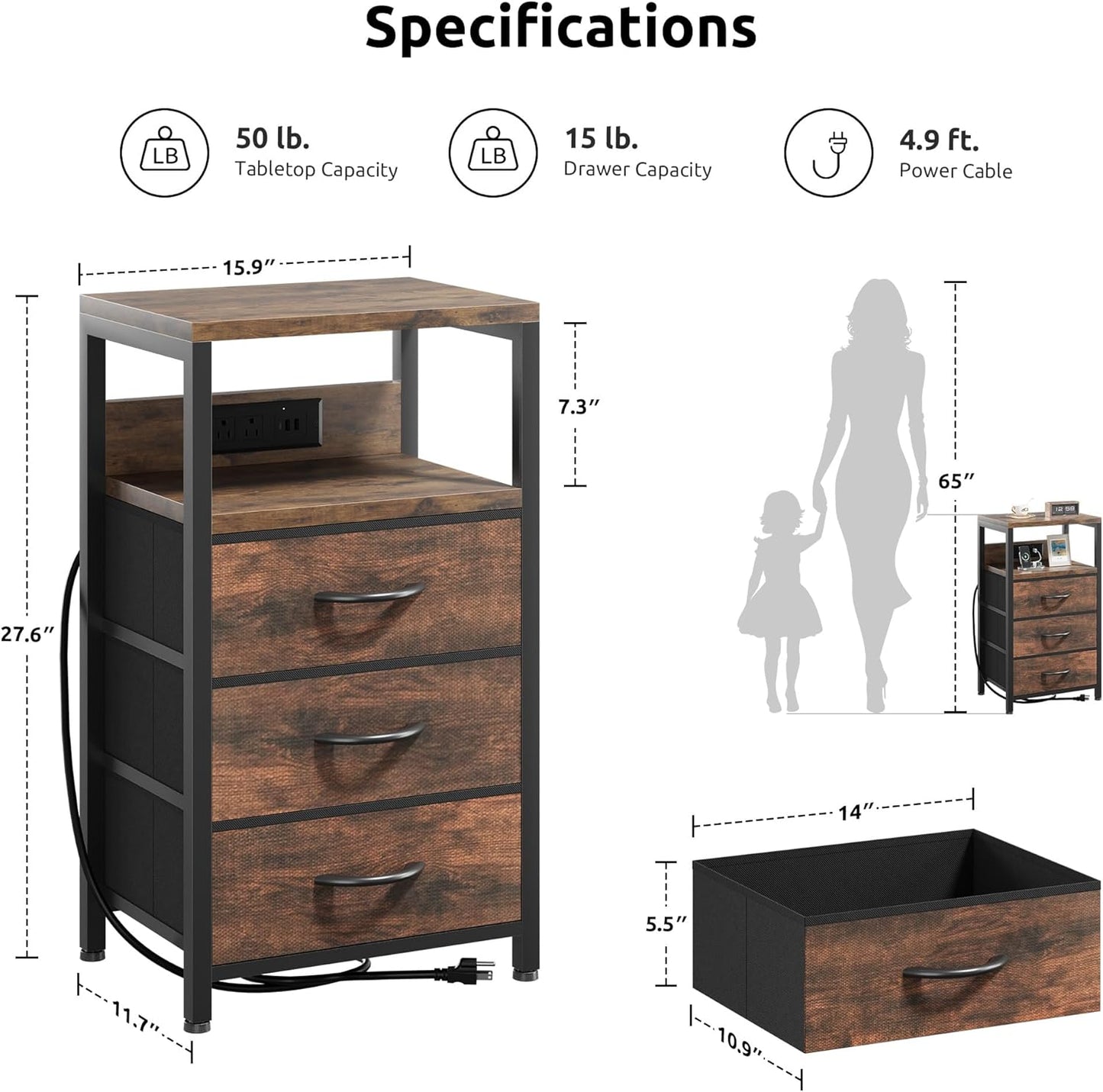 NightStand Bedside Charging Table Bedroom - Night Stand with Charger Station, Modern Nightstand with Open Shelf & 3 Fabric Drawers, Bed Side Table USB-C USB Ports & AC Outlets for Dorm Living Room