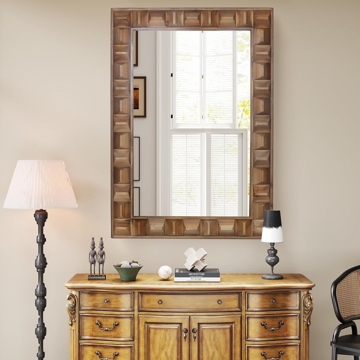 22x30 Inch Farmhouse Rectangular Wall Mirror, Rustic Wooden Frame Decorative Mirror for Bathroom Vanity, Bedroom, Living Room & Entryway – Vertical or Horizontal Hanging