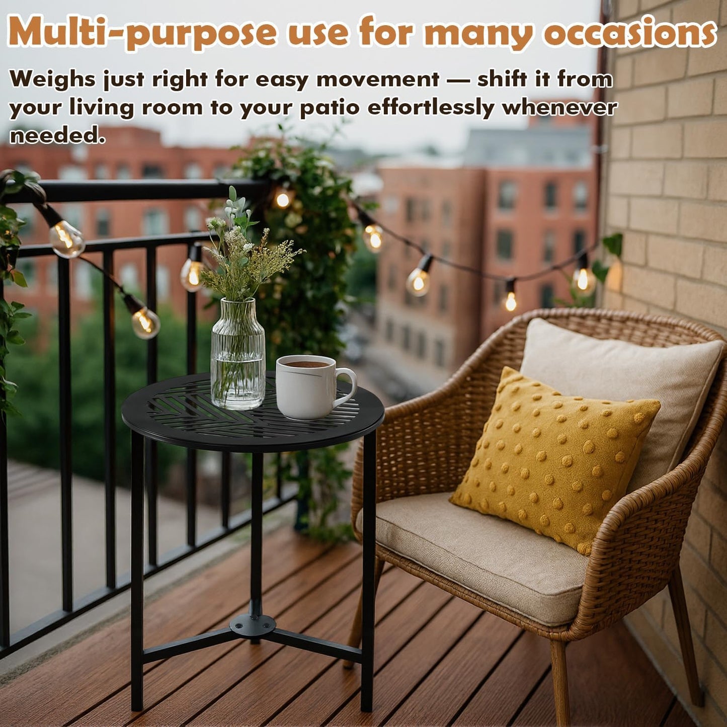 2 Packs 13" Small Metal Side Tables Indoor Black Outside End Table for Outdoor Patio Round Accent Garden Corner Stand for Small Spaces Weather-Resistant Coffee Table for Balcony Porch Plant Stand