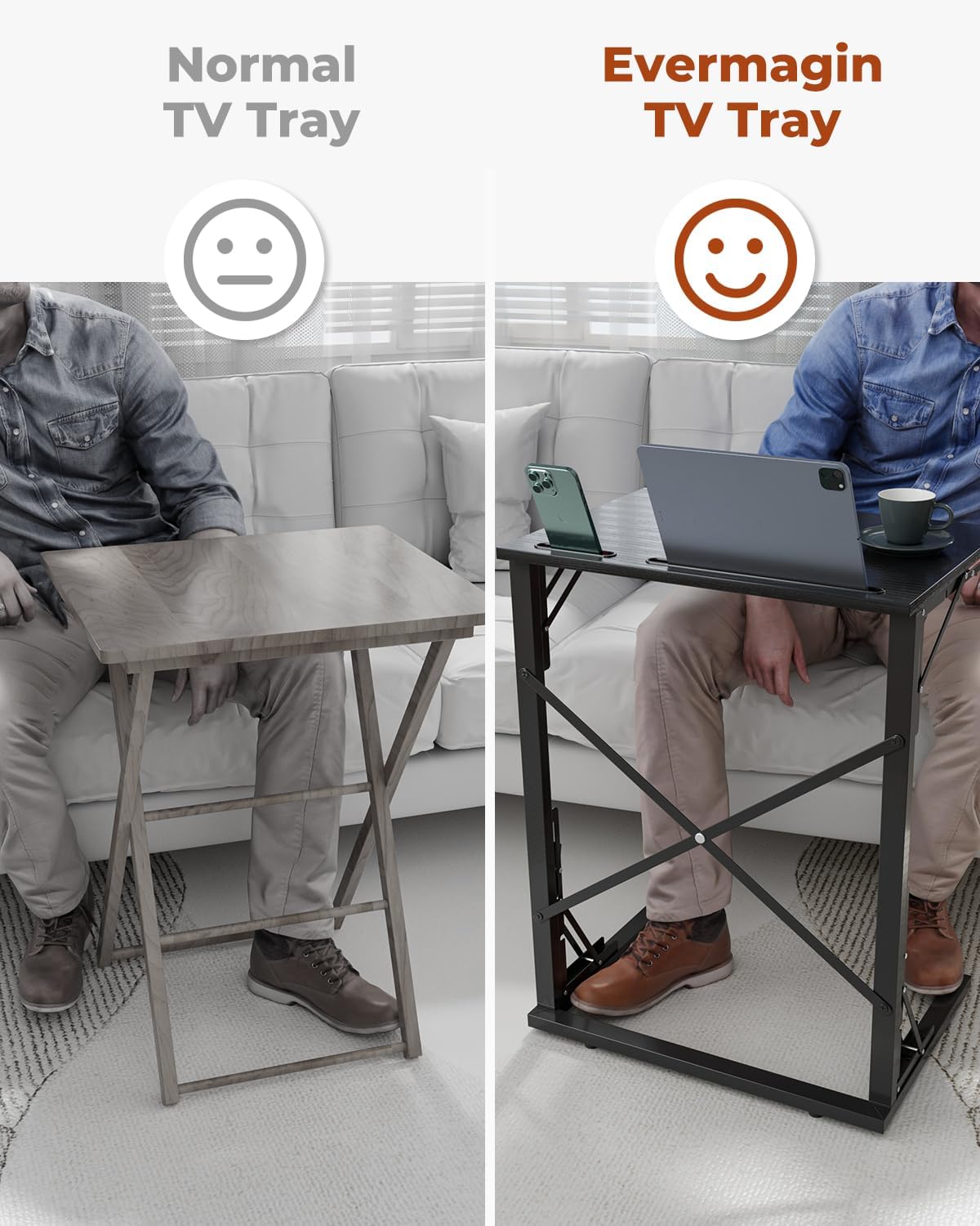 21''Wx28''H Folding TV Tray for Eating, Small Foldable C-Shaped Tray Table with Tablet and Phone Slots, Slide Under Couch Side Table for Recliner, Living Room, Bedroom, Black