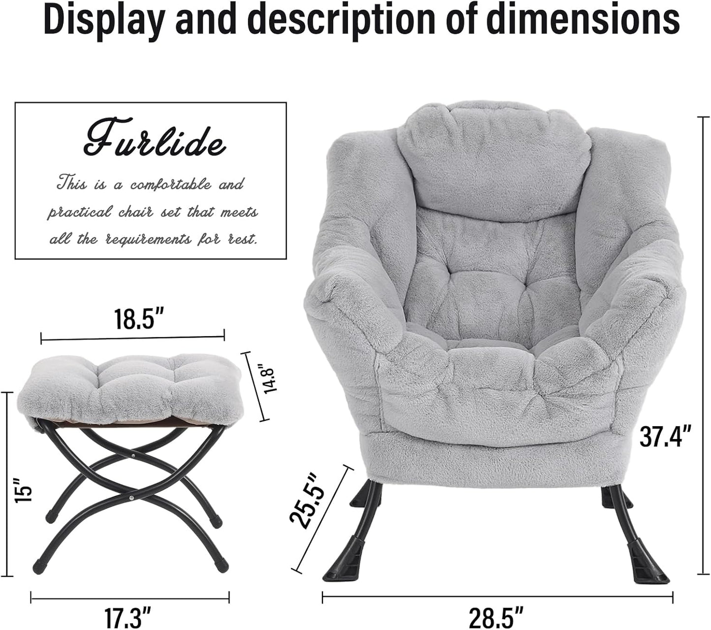 Lazy Chair with Ottoman, Modern Reading Chair with Folding Footrest, Comfortable Lounge Accent Chair for Bedroom, Study, Living Room, Courtyard (Plush Grey)