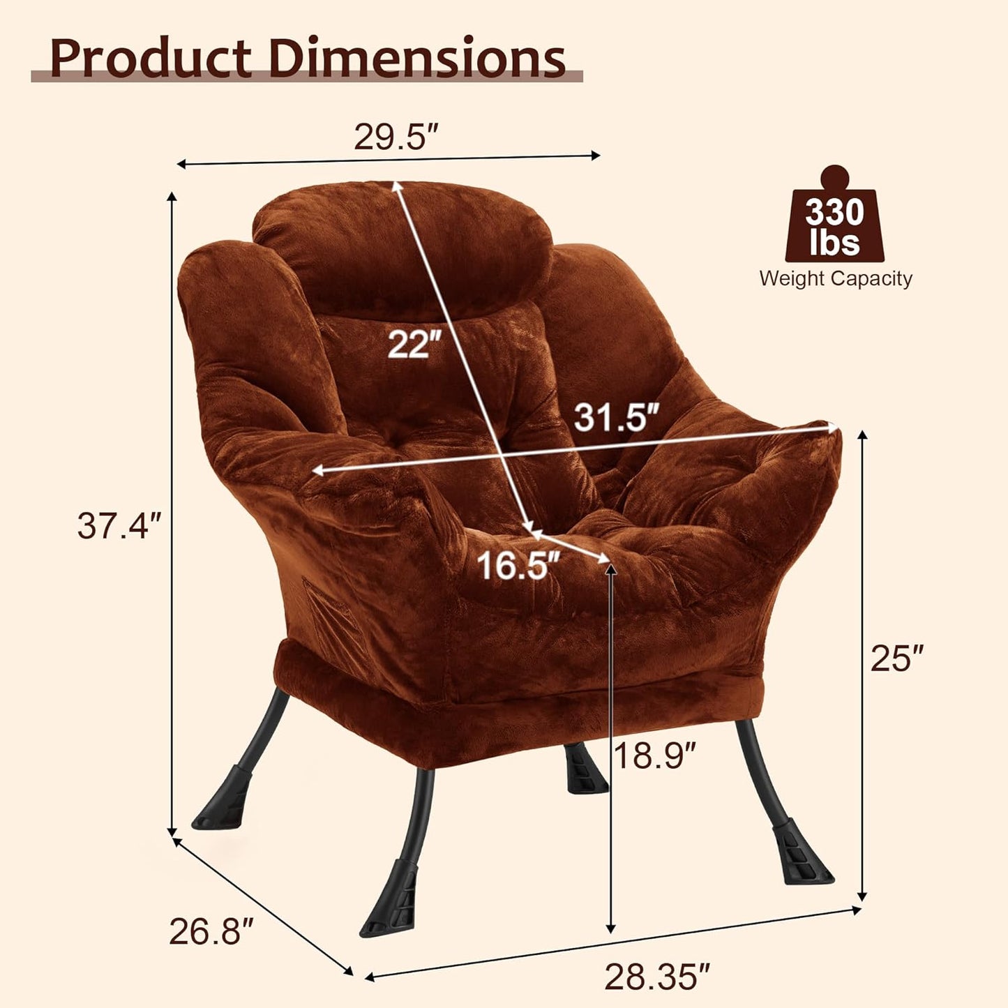 Fabric Lazy Chair for Adults, Oversized Upholstered Sofa Chair, Plush Comfy Lounge Chair with Large Side Storage Pocket, Thick Padded Reading Chair for Living Room, Bedroom, Study Room, Brown