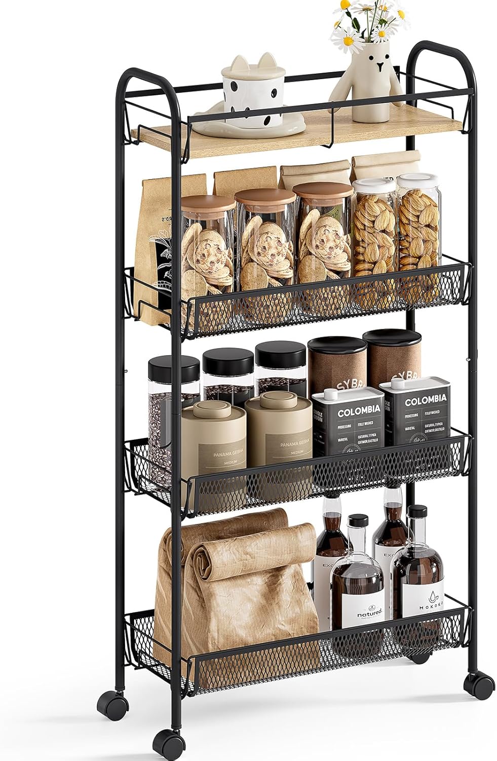 KINGRACK Metal Slim Rolling Cart,4-Tier Metal Utility Cart,Storage Cart with Wooden Tabletop, for Narrow Space on Laundry Bathroom Kitchen Room Bedroom Apartments Dormitory (Pure Black, Slim)