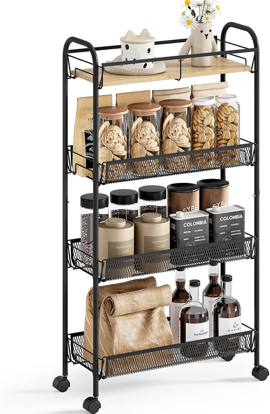 KINGRACK Metal Slim Rolling Cart,4-Tier Metal Utility Cart,Storage Cart with Wooden Tabletop, for Narrow Space on Laundry Bathroom Kitchen Room Bedroom Apartments Dormitory (Pure Black, Slim)