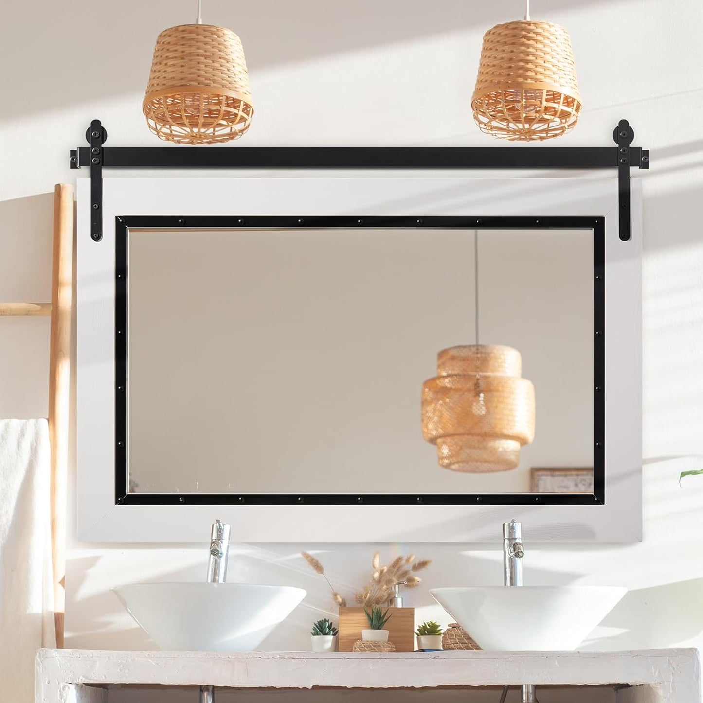 YOSHOOT Farmhouse Barn Door Mirror, 48"x30" Rustic Bathroom Mirror, Wood Frame Wall Mirror, Wooden Mirror for Living Room Bedroom Entryway Wall Décor, Horizontal Hanging ONLY