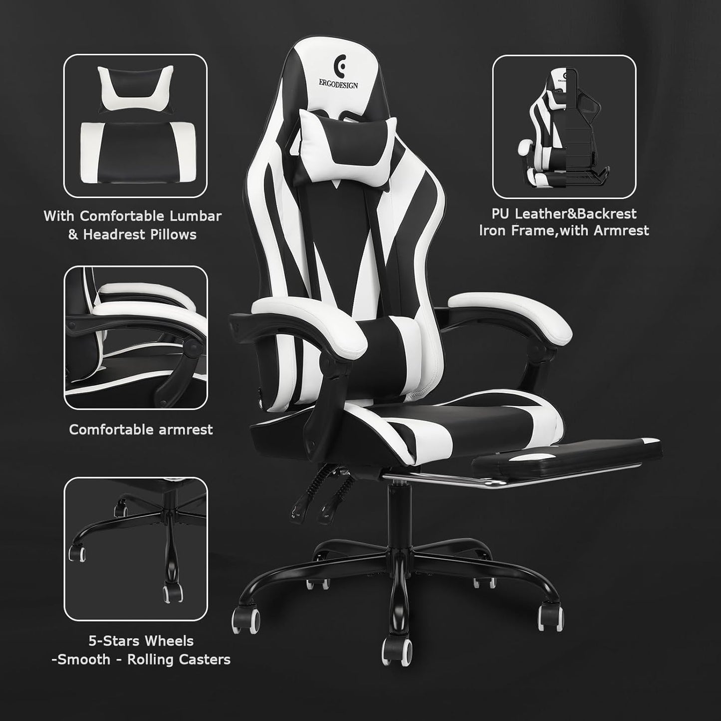 Gaming Chair with Linkage Armrest & Footrest, High Back Video Gaming Chair, Black/White