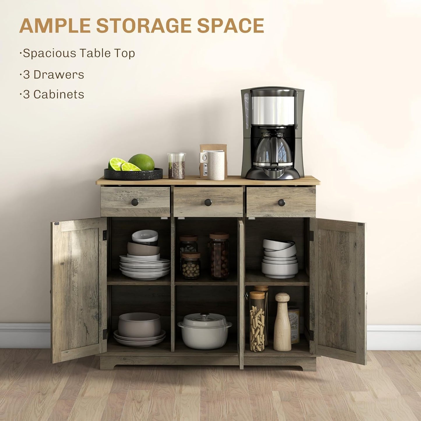 HOMCOM Sideboard with Solid Wood Countertop, Modern Kitchen Storage Cabinet, Coffee Bar Cabinet with 3 Drawers, Doors and Adjustable Shelf, Distressed Gray