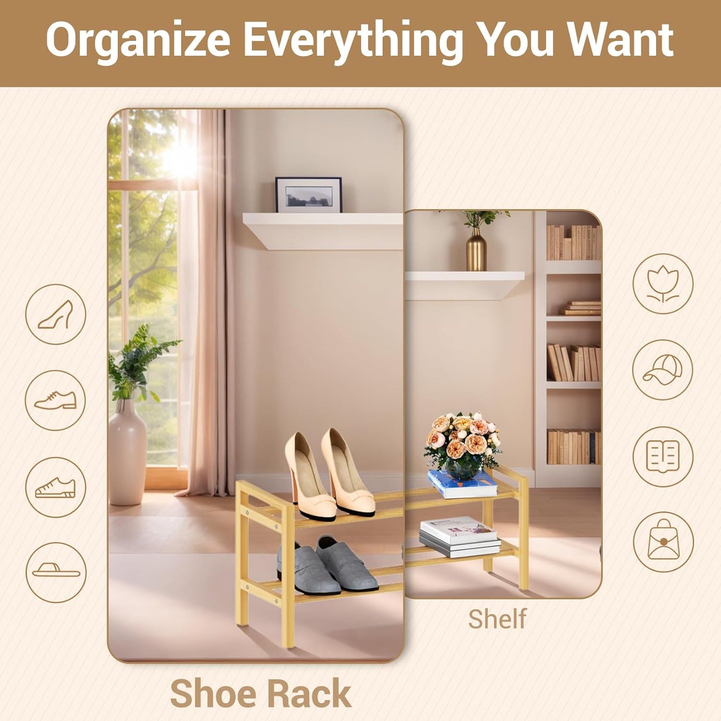 Haddockway Bamboo Shoe Rack for Closet, Free Standing Shoe Organizer with Smooth Round Rods & Convenient Handles, Stackable Shoe Storage Shelf for Entryway, Hallway(Natural, 2-Tier(Small))