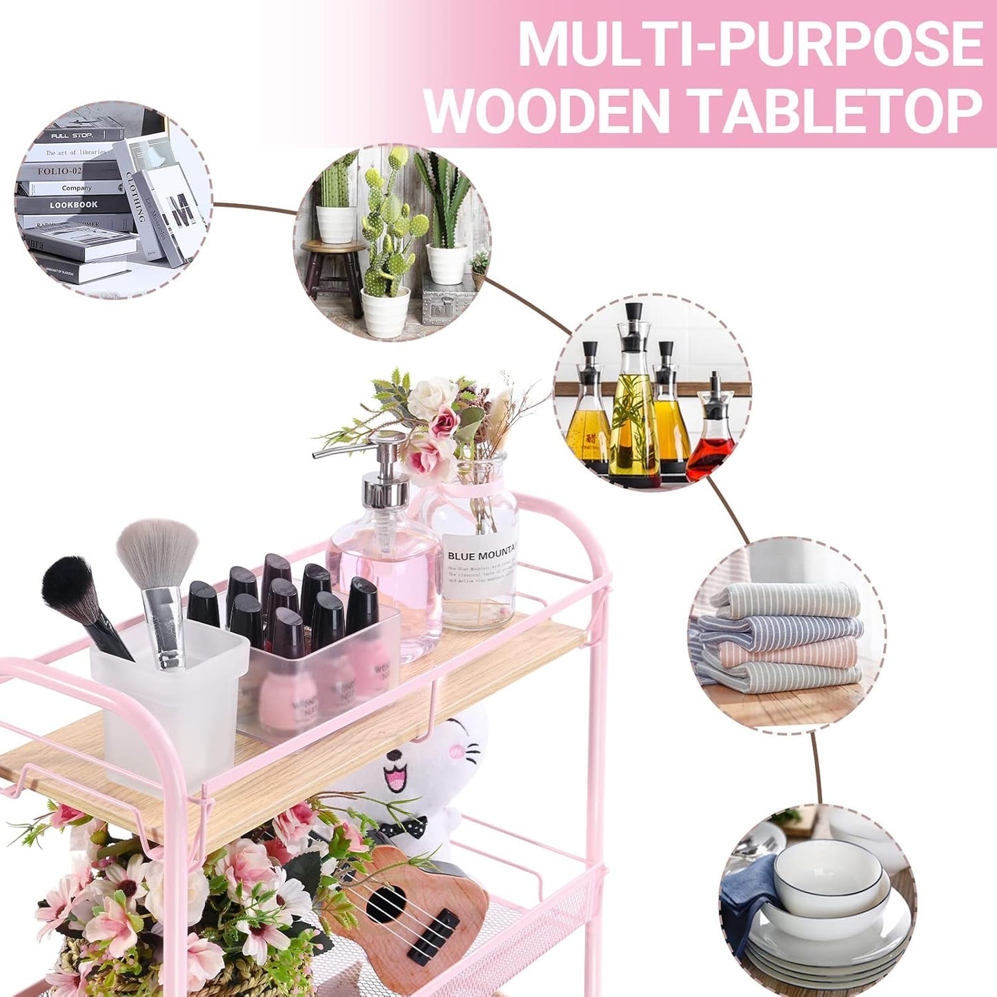 KINGRACK 4-Tier Slim Rolling Cart with Wooden Tabletop, Easy Assemble Metal Utility Cart, Slide Out Narrow Storage Cart for Narrow Space on Bedroom Bathroom Laundry Room Apartments Dormitory, Pink