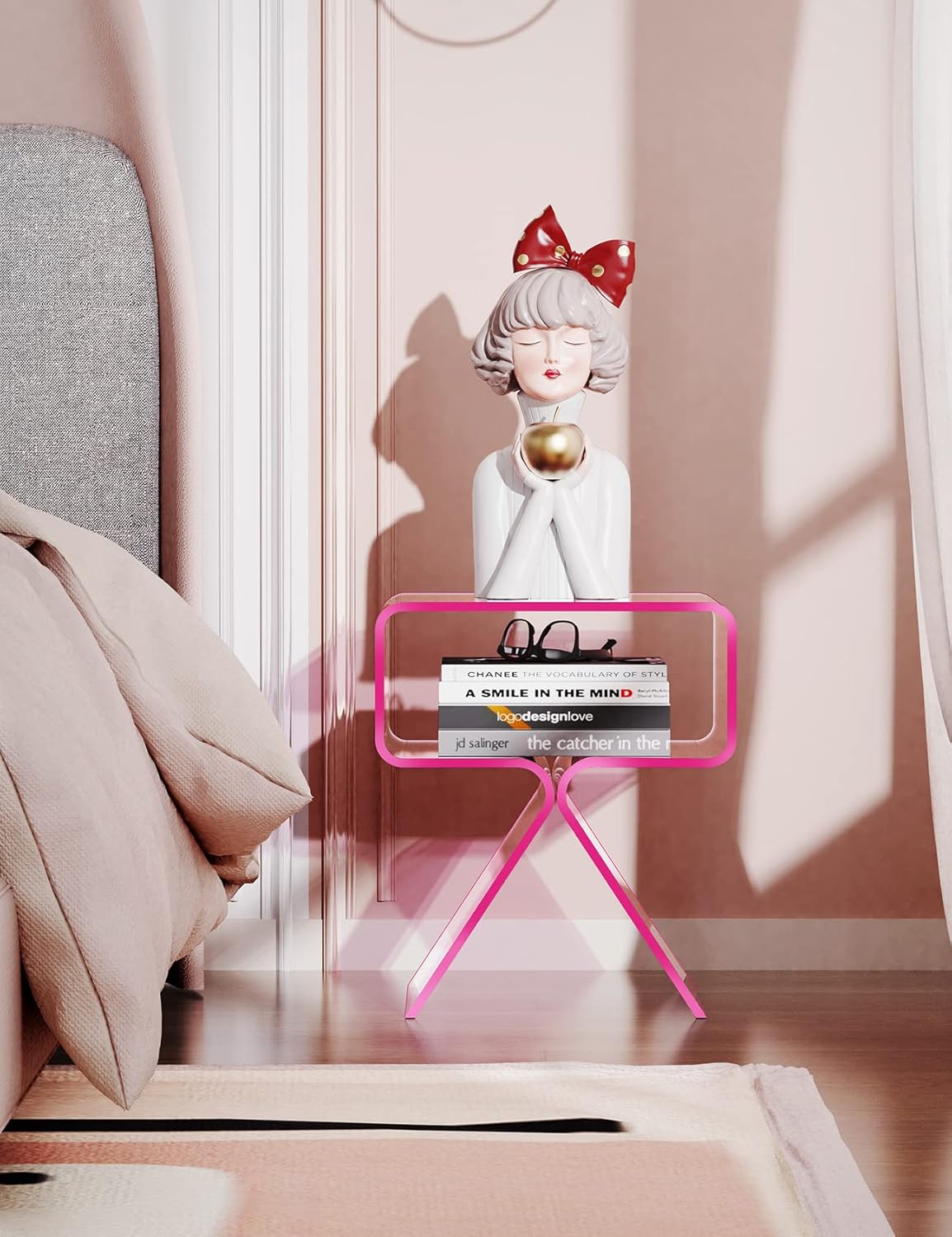 Acrylic Nightstand Side Table Modern Design Clear Home Decor Display End Table for Living Room (Pink)