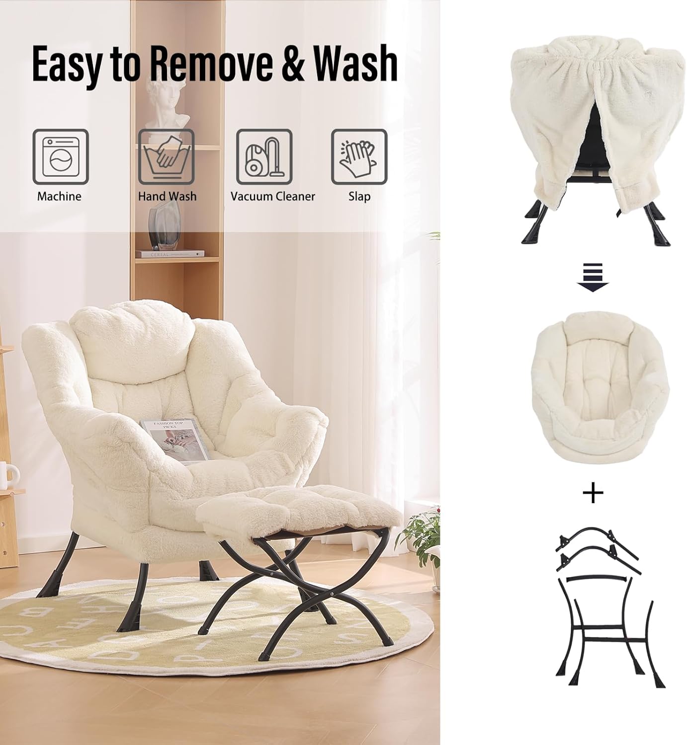 Lazy Chair with Ottoman, Modern Chair with Folding Footrest, Lounge Accent Chair, Comfortable Reading Chair for Bedroom, Study, Living Room, Courtyard (Plush Beige)