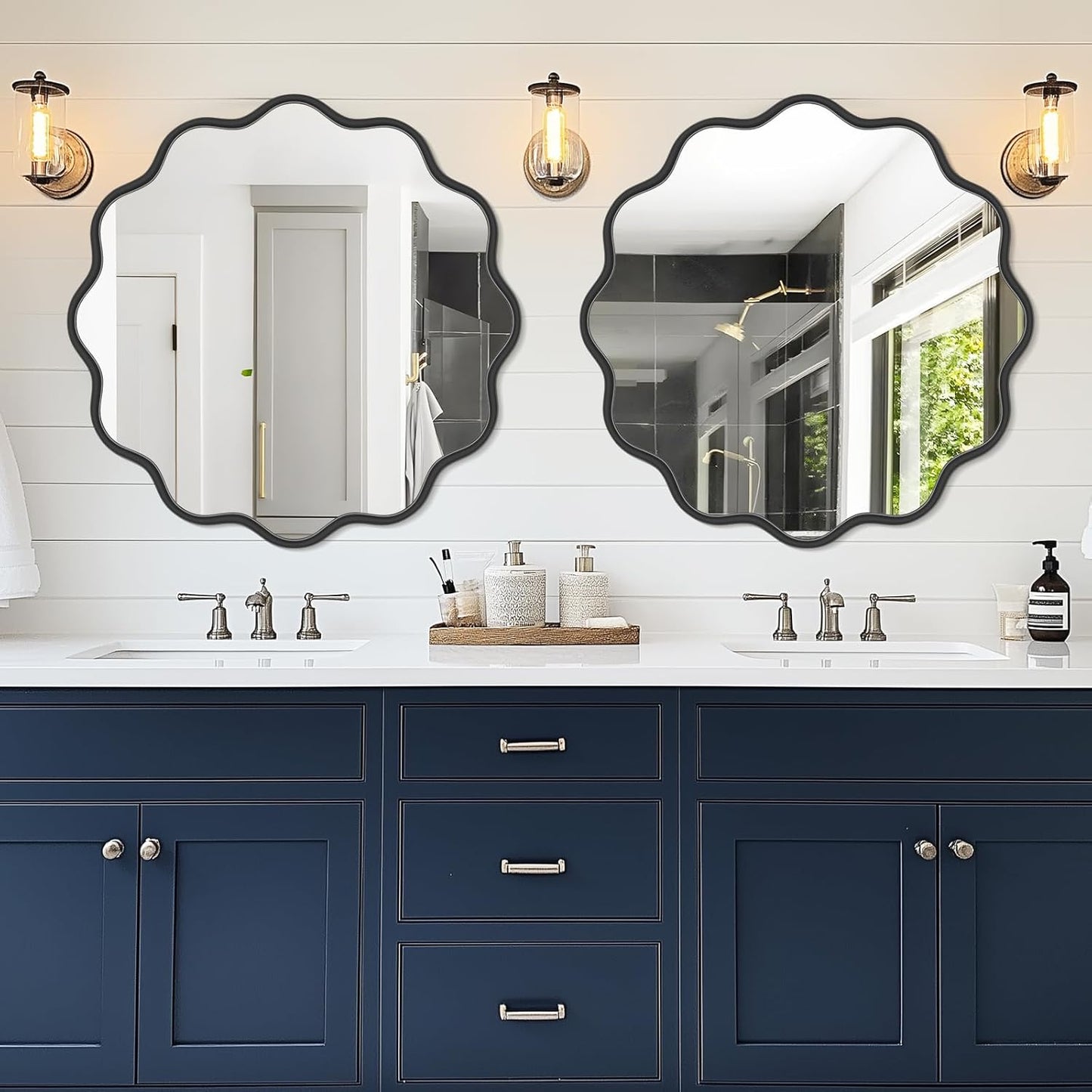 PROHOMEWARE Black Round Mirror 36 Inch Wavy Bathroom Vanity Mirror Black Frame Modern Wall Mirror Decorative Wall-Mounte Anti-Rust, Tempered Glass