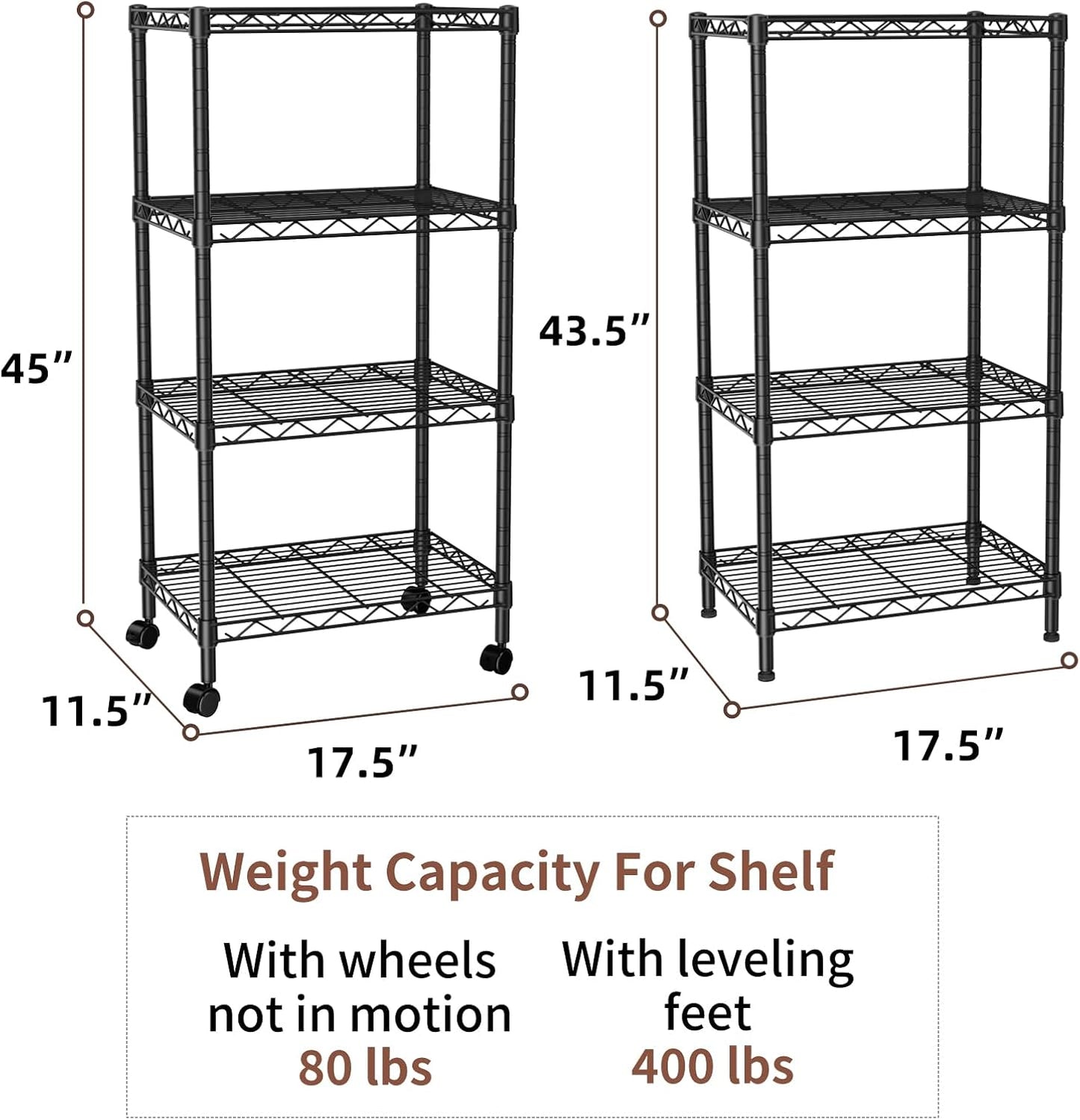 SINGAYE 4 Small Shelves Storage Shelf Wire Shelving Unit Metal Shelf Adjustable Organizers Storage Shelving with Wheels for Bathroom Laundry Room Kitchen Pantry12”D x 18”W x 45”H Black