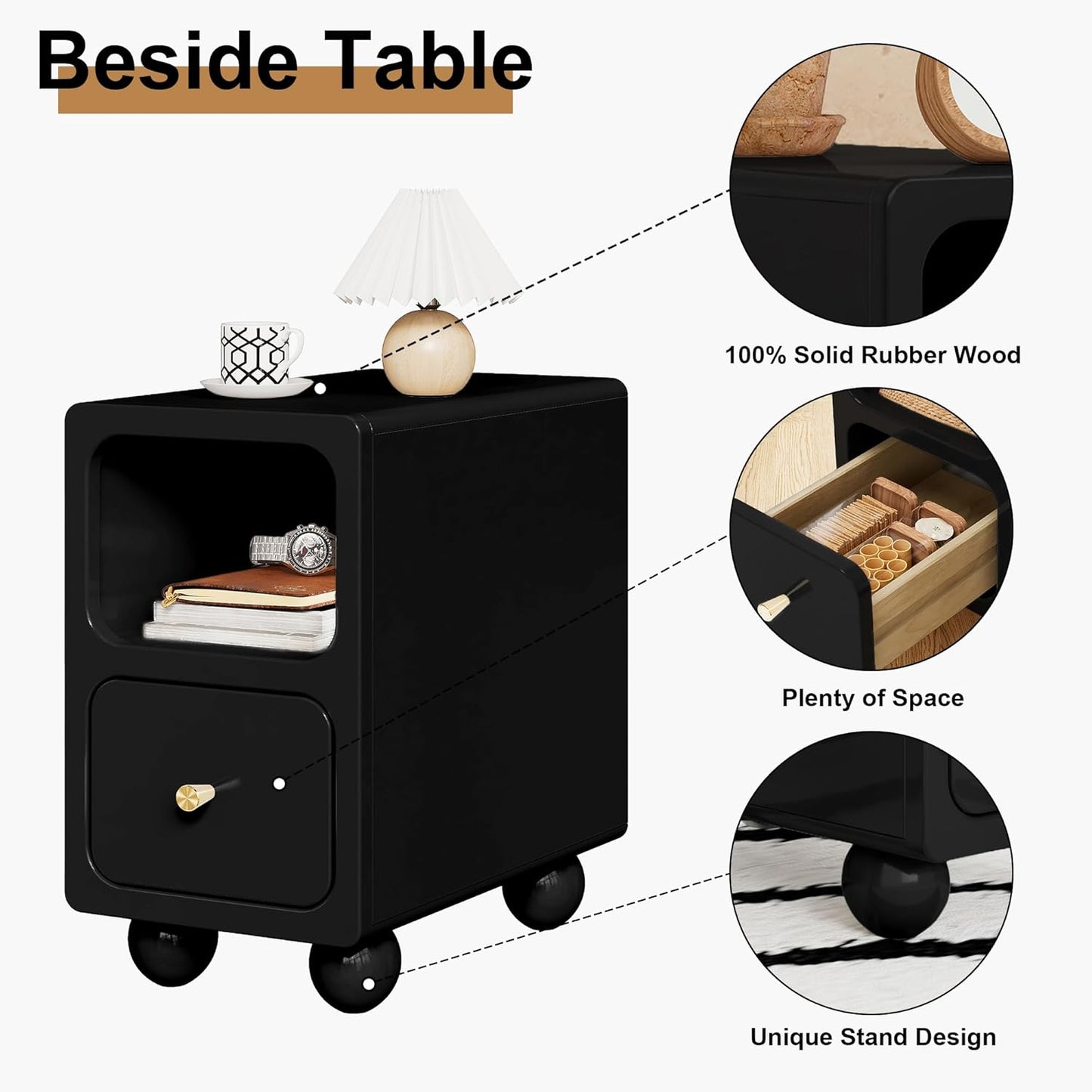 Solid Wood Nightstand, Narrow Night Stand with Drawers, Black Mid Century Modern Nightstand, Small Beside Table with Open Storage Shelf for Bedroom (10 inch)