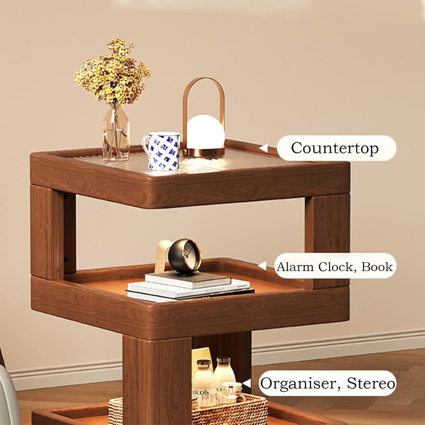 Solid Wood Nightstand,End Tables Bedroom Small Shelf Modern Nightstand Wood Side Table (GLASS-21.3 * 15.8 * 15.8)