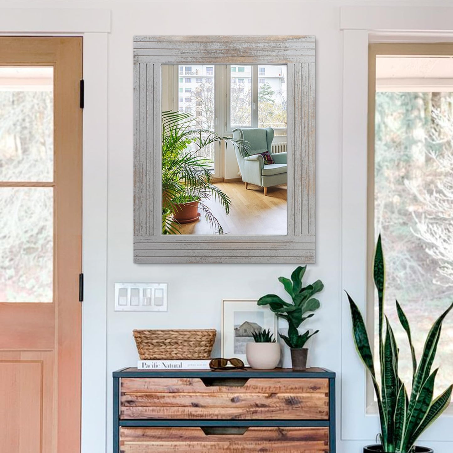 Large Rustic Wall Mirror, Rectangular Vintage Wood Framed Large Mirror Deco Farmhouse Living Room Bathroom Bedroom Entrance Mirror Light Gray 26" x 18"