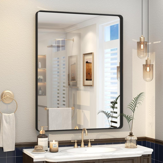 28x36 Inch Black Framed Bathroom Mirror for Wall, Matte Black Metal Frame Mirror, Rounded Rectangle Mirror, Anti-Rust, Shatterproof (Horizontal/Vertical)