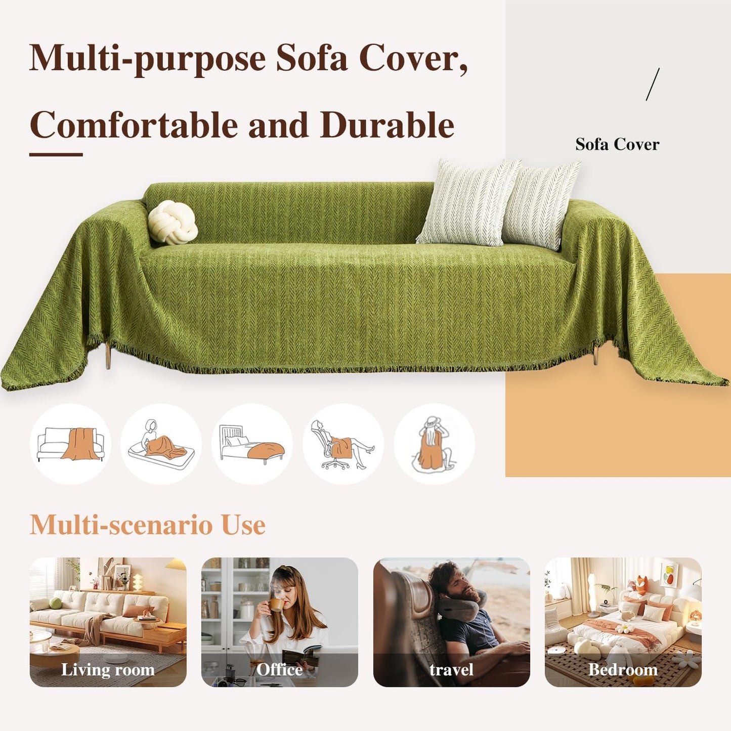 Nobildonna Sofa Cover Washable Soft Thicken Chenille Couch Cover with Tassel,Waterproof Sofa Slipcovers for 2 Cushion Couch,Loveseat,Futon Couch Furniture Protector Pet-Friendly,Yellow Green 71"x102"