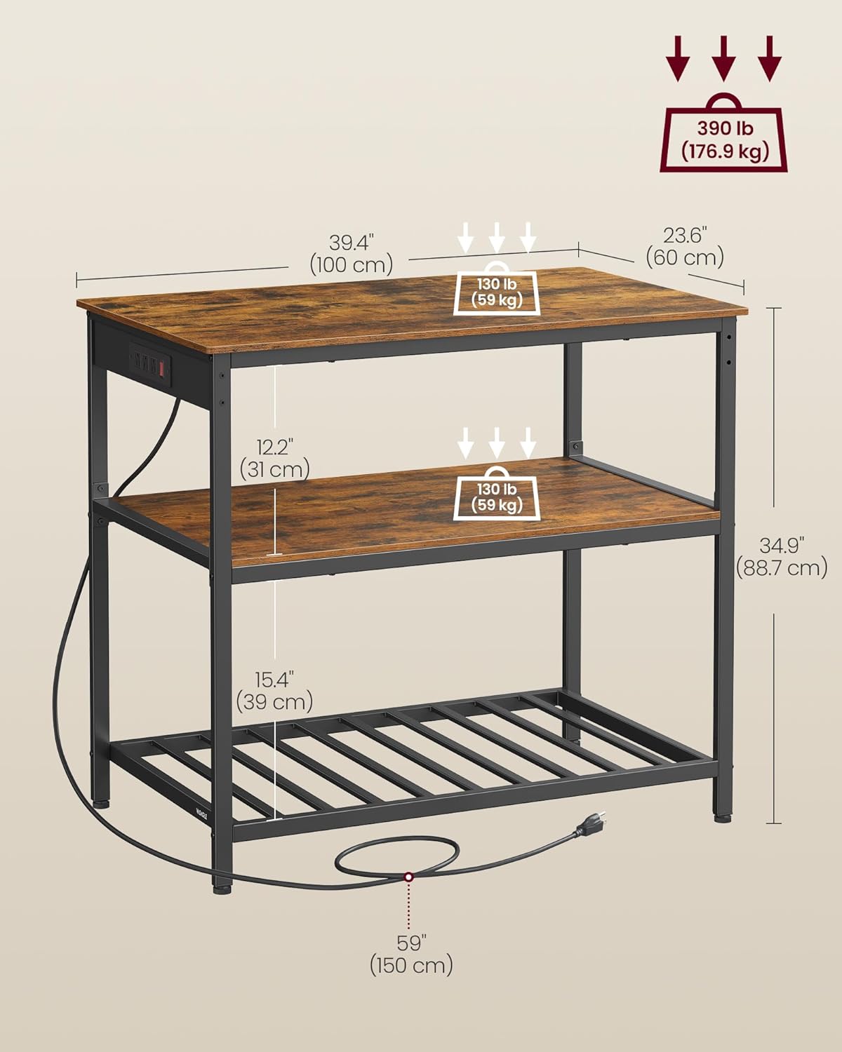 VASAGLE Kitchen Island with 3 Shelves, 39.4 Inches Width Kitchen Shelf with Power Strip, Large Worktop, Stable Steel Structure, Industrial, Easy to Assemble, Rustic Brown and Black UKKI105K01