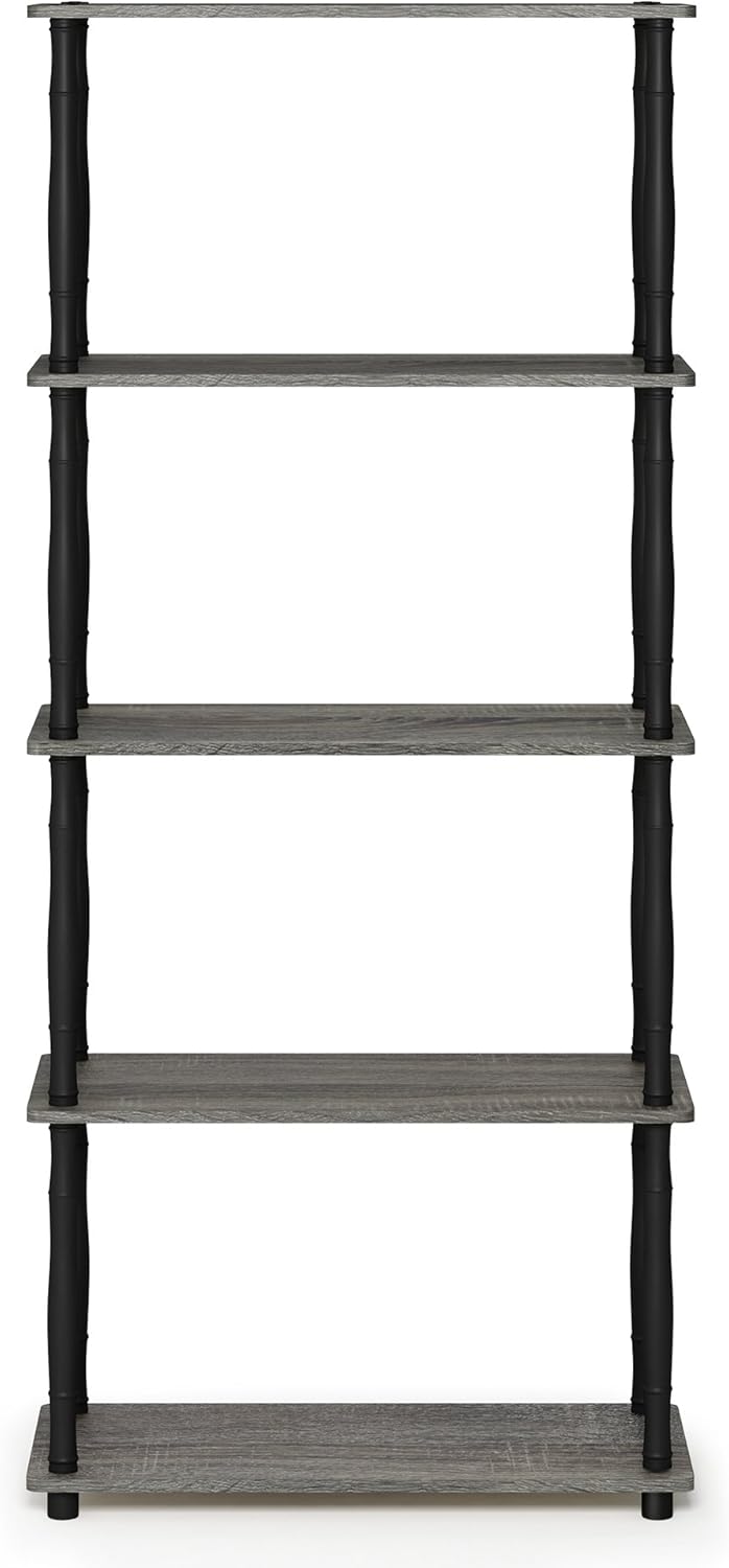 Furinno Turn-N-Tube 5-Tier Multipurpose Shelf Display Rack with Classic Tubes, French Oak Grey/Black