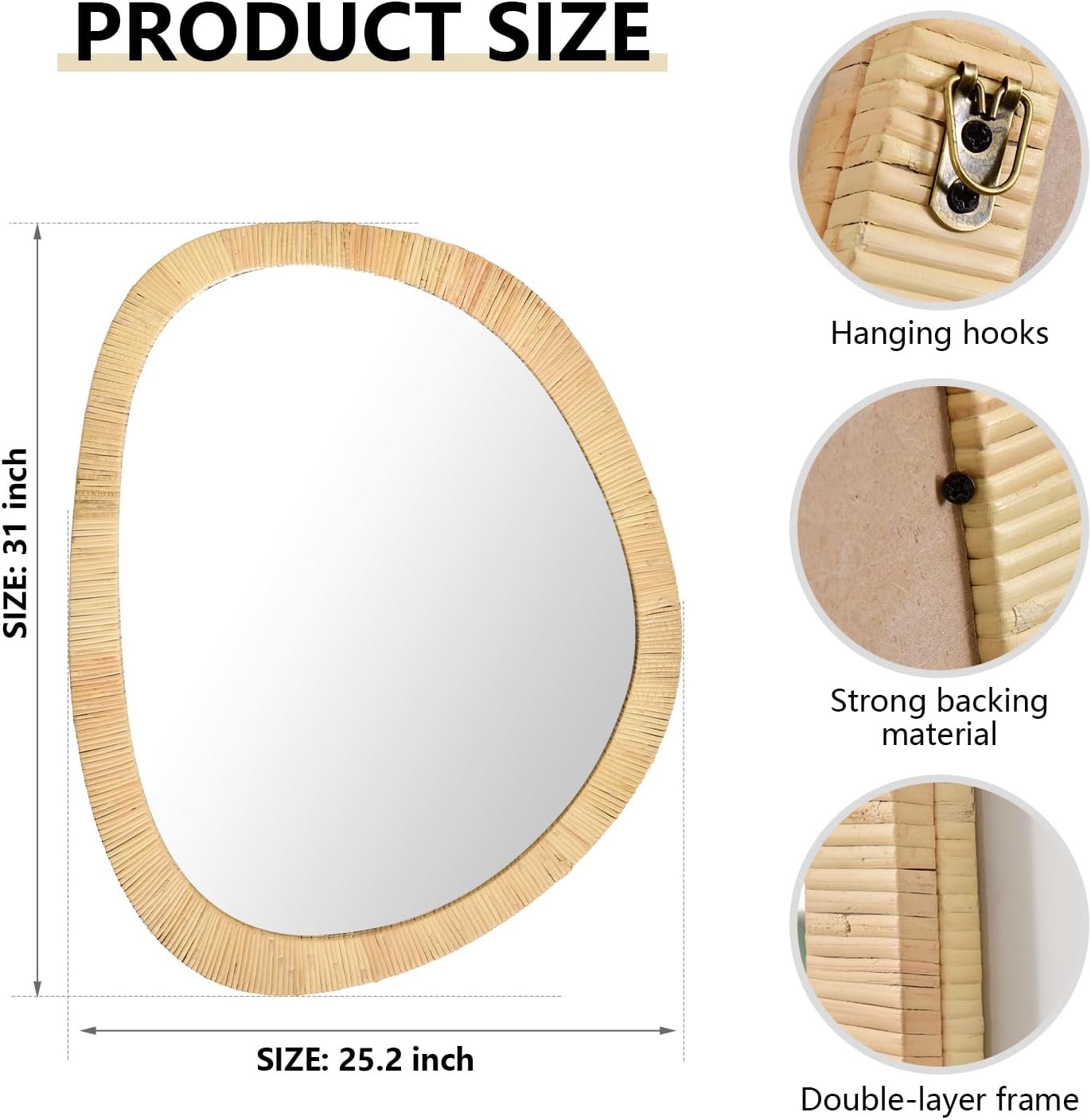 H HOMEWINS Rattan Mirror for Wall,31.5'' x 25.2" Wooden Framed Farmhouse Boho Wicker Coastal Irregular Vanity Mirror for Bathroom Living Room Entryway