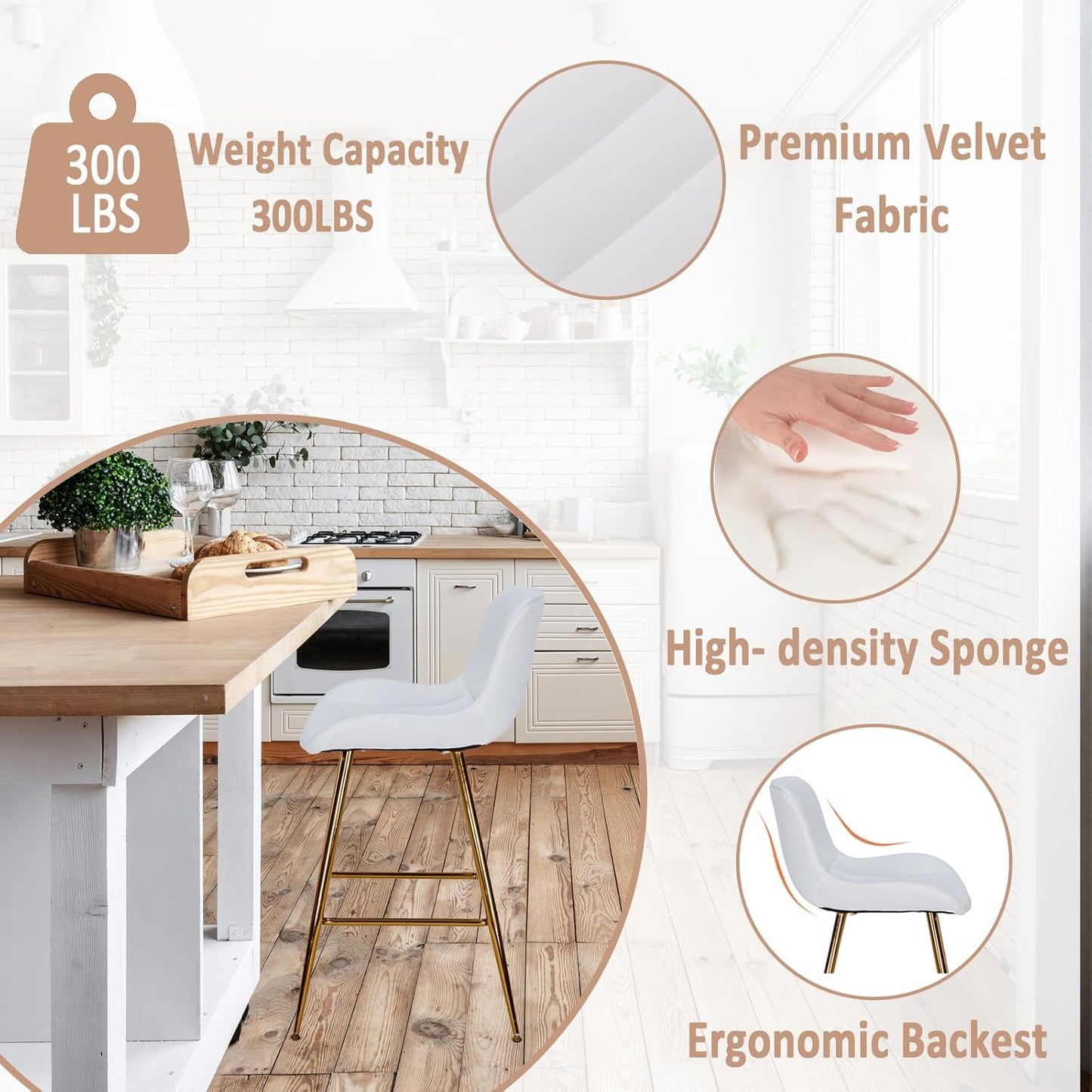 Sidanli Gold Barstools Set of 2, White Bar Stools with Gold Legs, Velvet Stools for Kitchen Island, 24inch Luxury Barstools with Adjustable Footrests