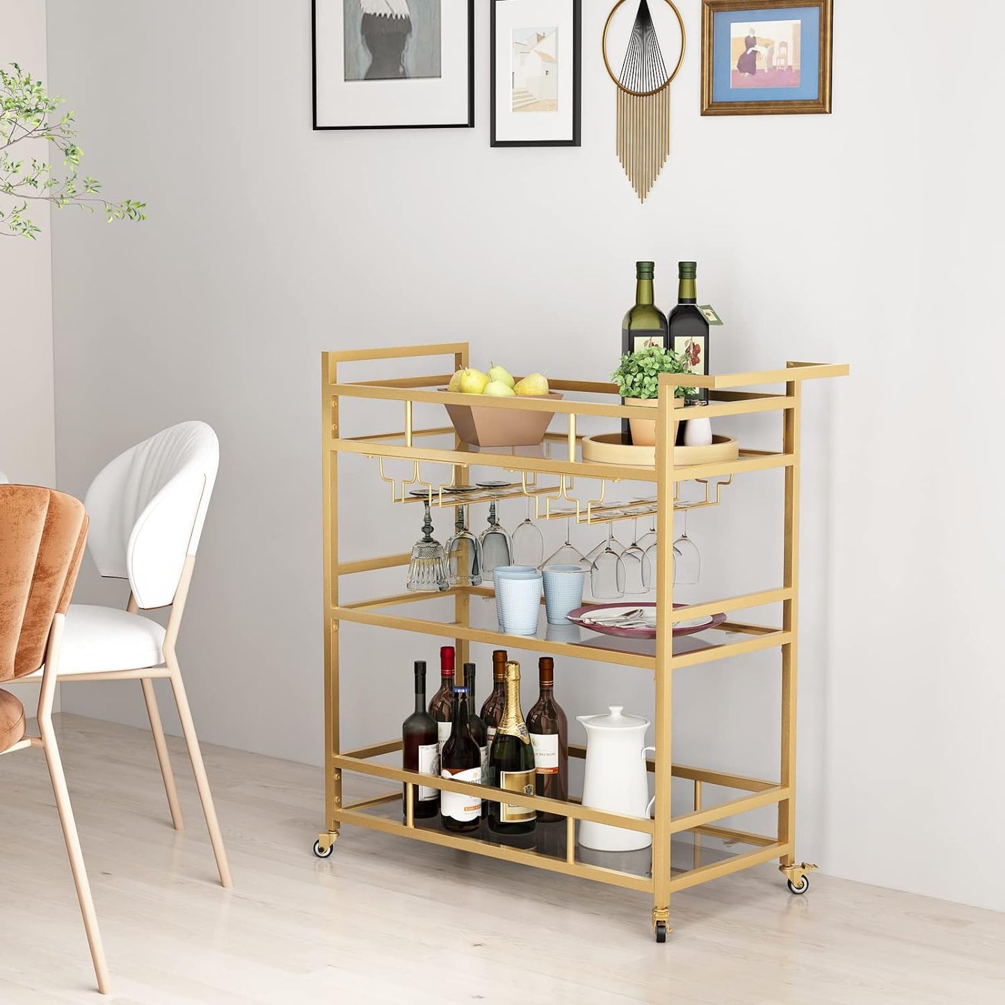 Gold Bar Carts with 3 Tier Glass Shelves, Rolling Serving Bar Cart with Wine Rack and Glass Holder, Home Bar Carts & Wine Carts on Wheels for Kitchen, Indoor & Outdoor