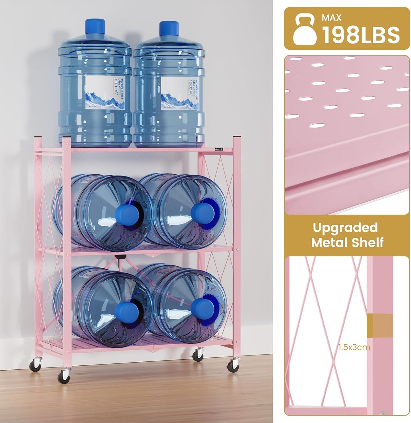ALANNG Storage Shelves with Wheels, Bookshelf with Storage, No Assembly Metal Rack Shelf for Kitchen, Office, Laundry, Garage (3 Tier, Pink)