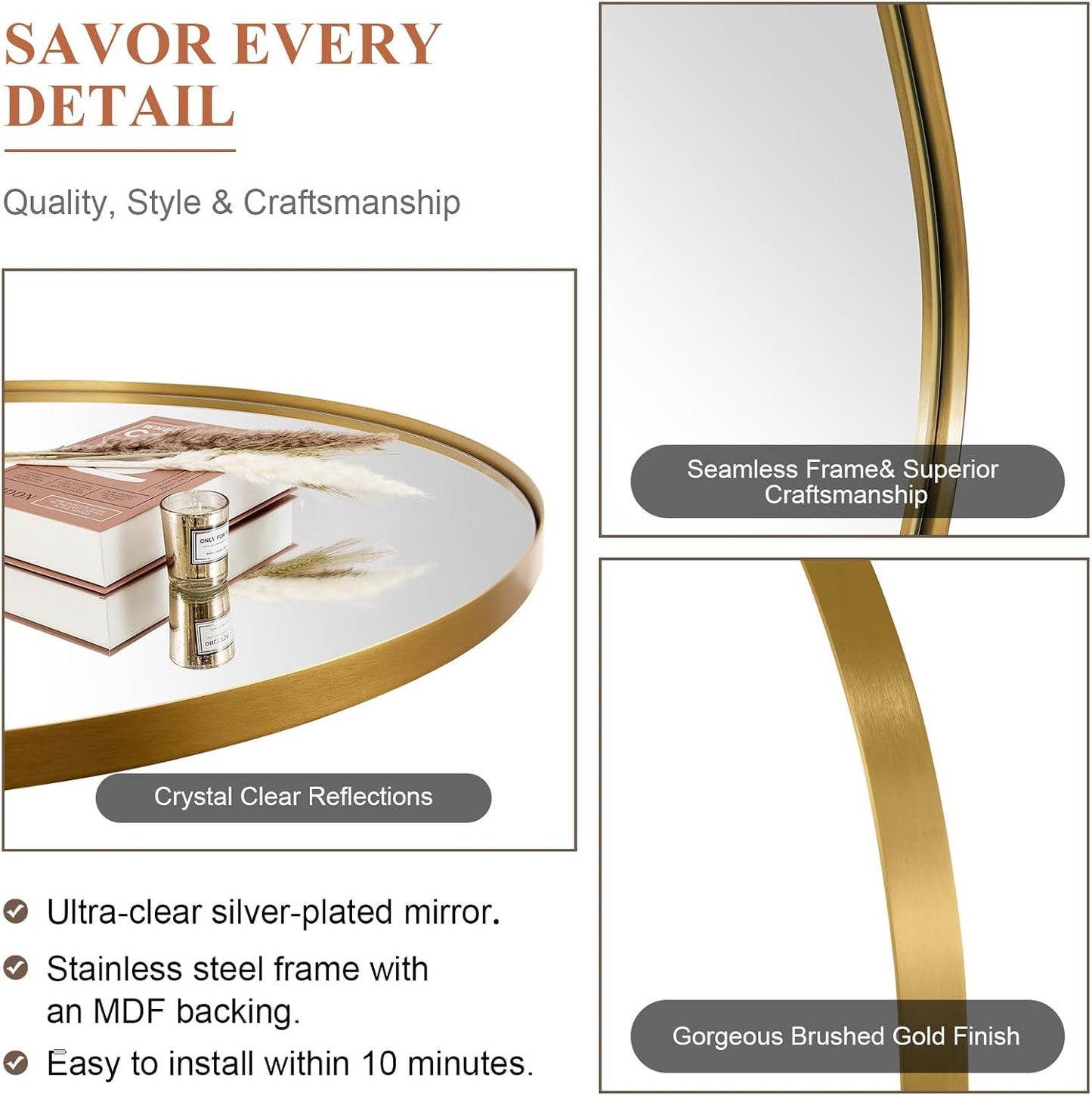 ANDY STAR Gold Oval Mirrors for Bathroom, 24x32 Inch Brushed Gold Stainless Steel Metal Framed Oval Wall Mirror, Modern Brass Vanity Mirror Pill Shaped Mirror