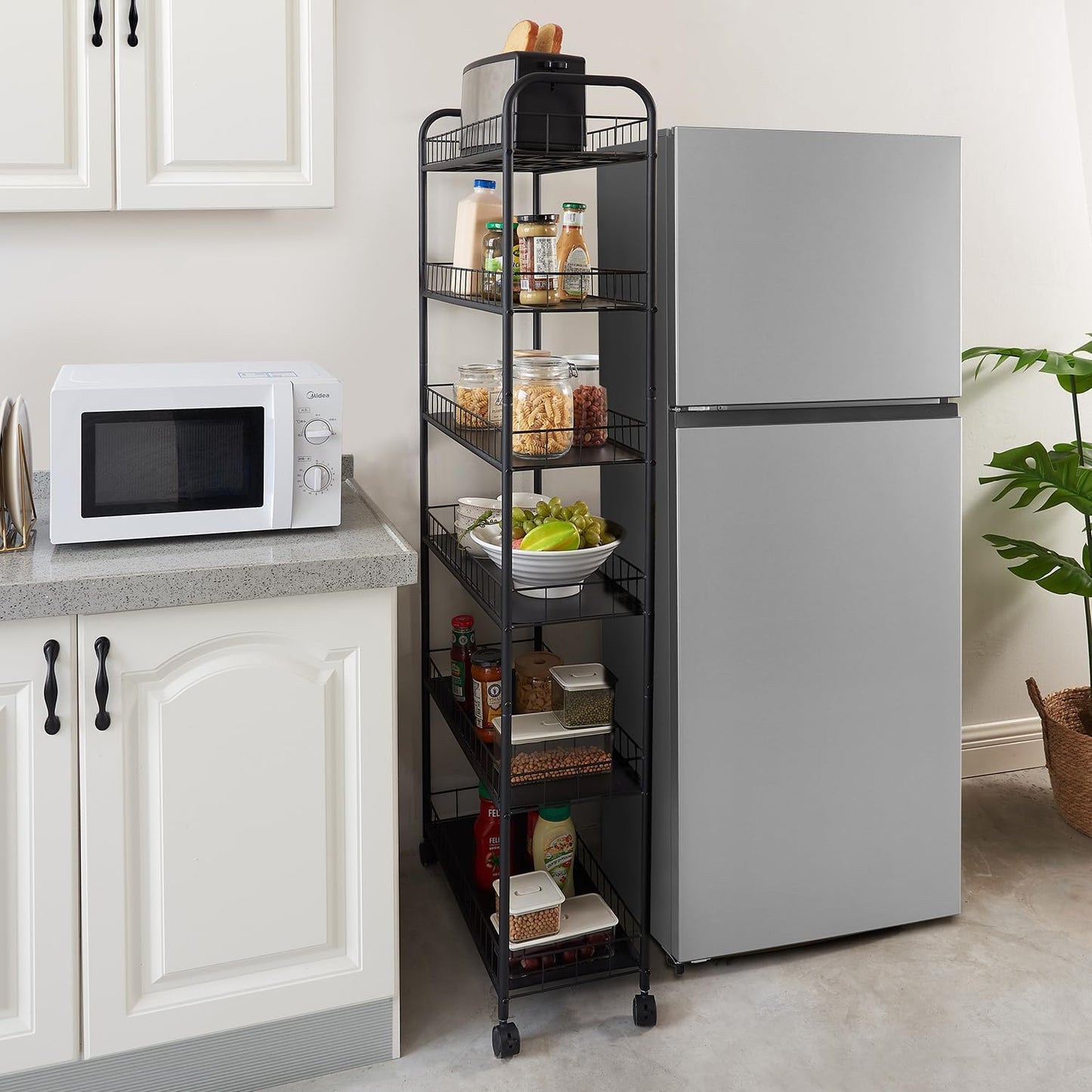 6-Tier Slim Storage Cart with Wheels,10in Wide Black Narrow Rolling Shelf,Sturdy Slim Storage Ideal for Kitchen, Bathroom, and Laundry Room