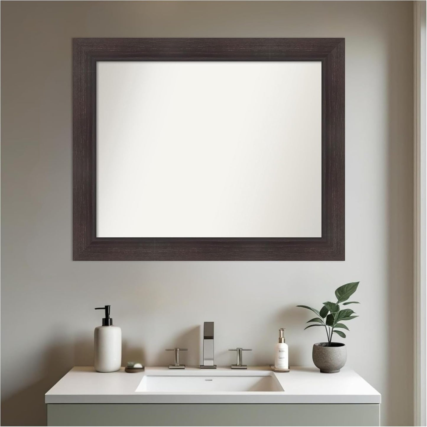 Amanti Art Brown Bathroom Mirror for Over Sink, 28x34 Sloped Espresso Rectangle Vanity Mirror, Large Modern Contemporary Frame, Hangs Horizonally and Vertically, Bathroom Wall Decor, Non-Beveled Edge
