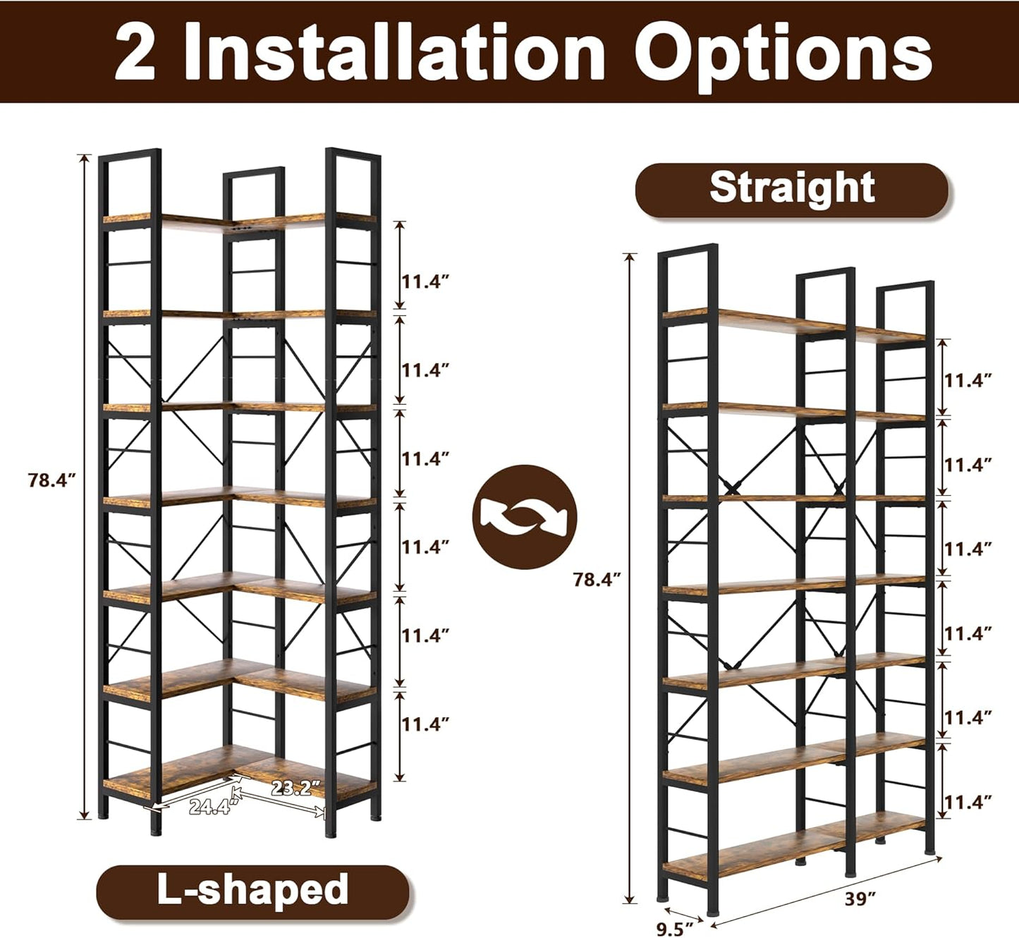 7-Tier Corner Bookshelf, Reversible Wooden Shelves, Industrial Bookcase with Open Shelves and Sturdy Metal Frame, Display Shelf Storage Rack for Living Room, Bedroom, Home Office (Rustic Brown)