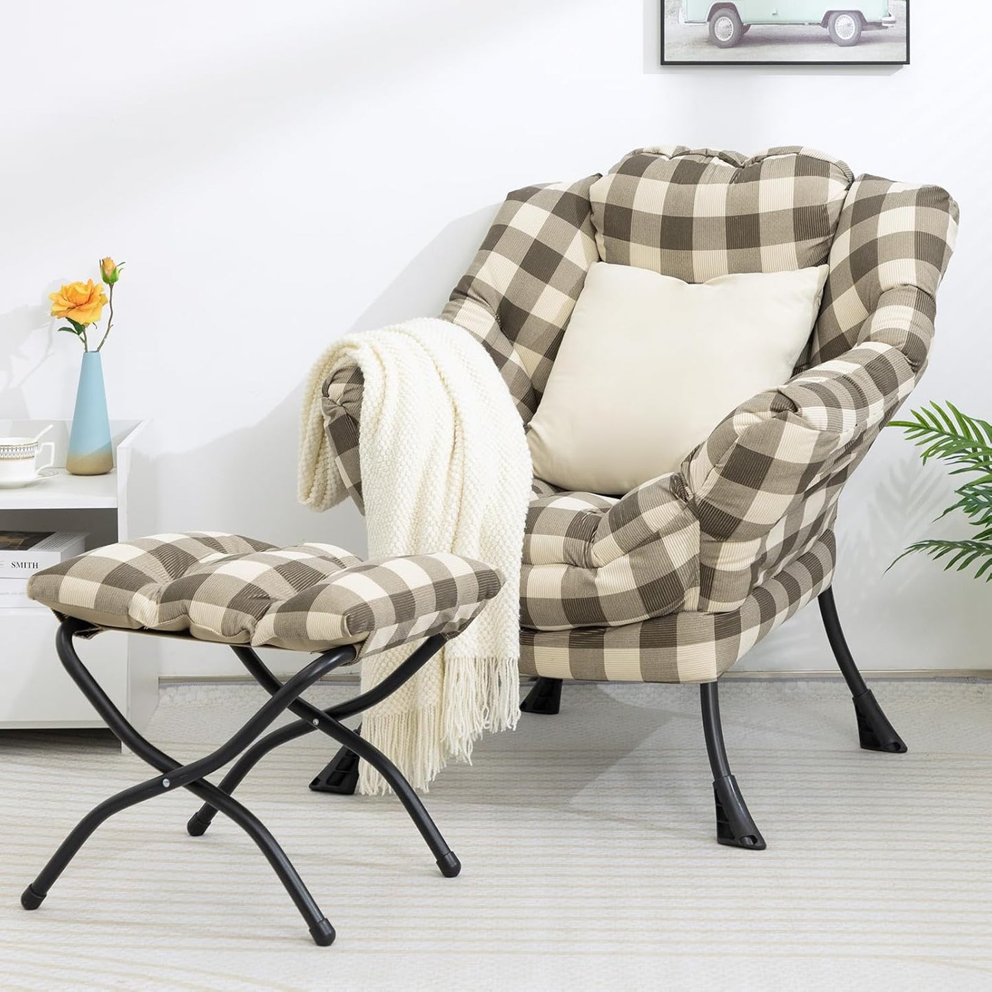 HollyHOME Fabric Lazy Chair with Foldable Ottoman, Accent Lounge Arm Chair and Folding Footrest Stool Set, Leisure Sofa Reading Chair and Footstool for Living Room, Bedroom, Dorm, Beige&Coffee Grid